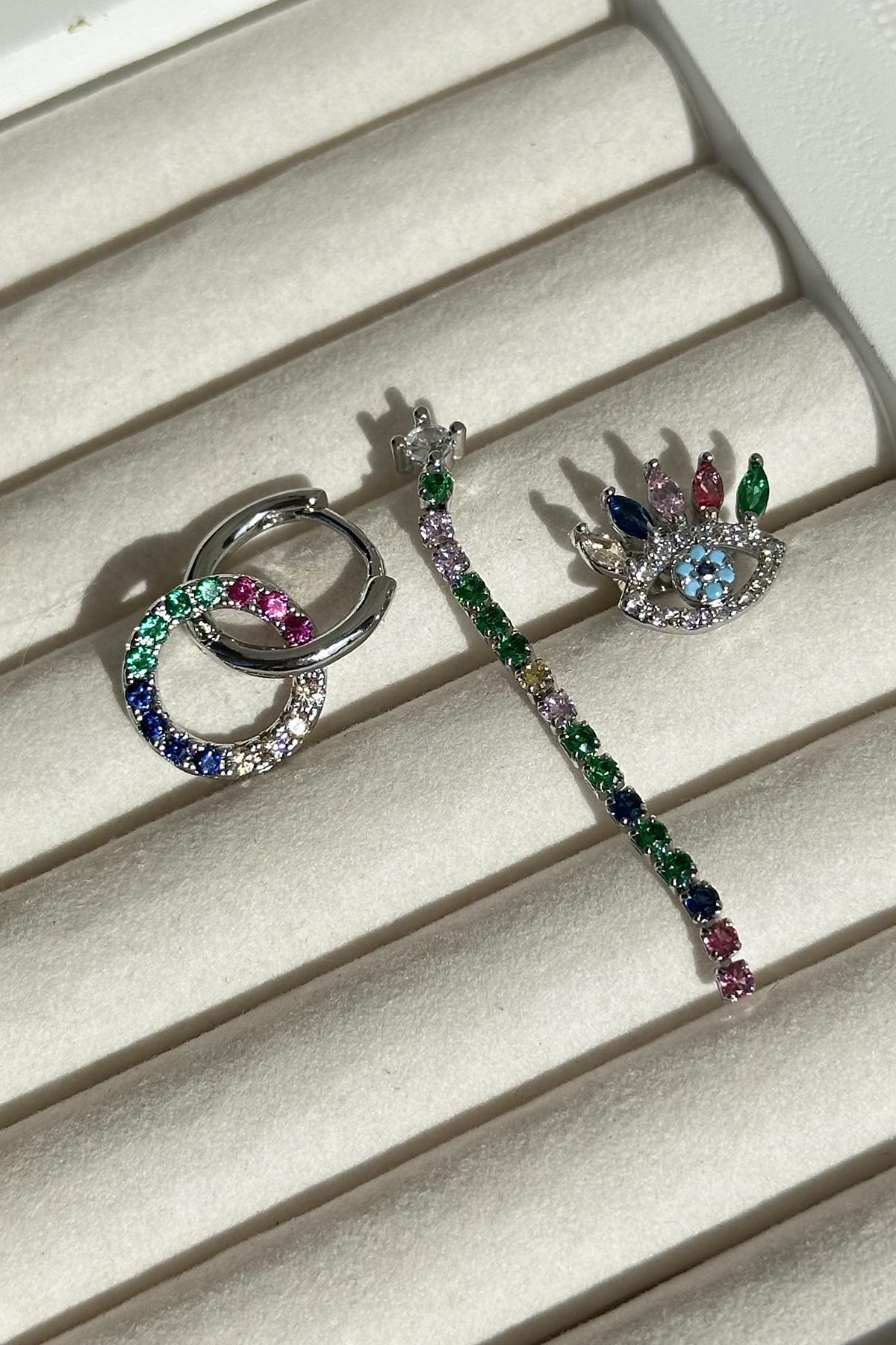 Gümüş Renk Göz Figürlü Taş Detaylı VİP 3'lü YSX Küpe Set