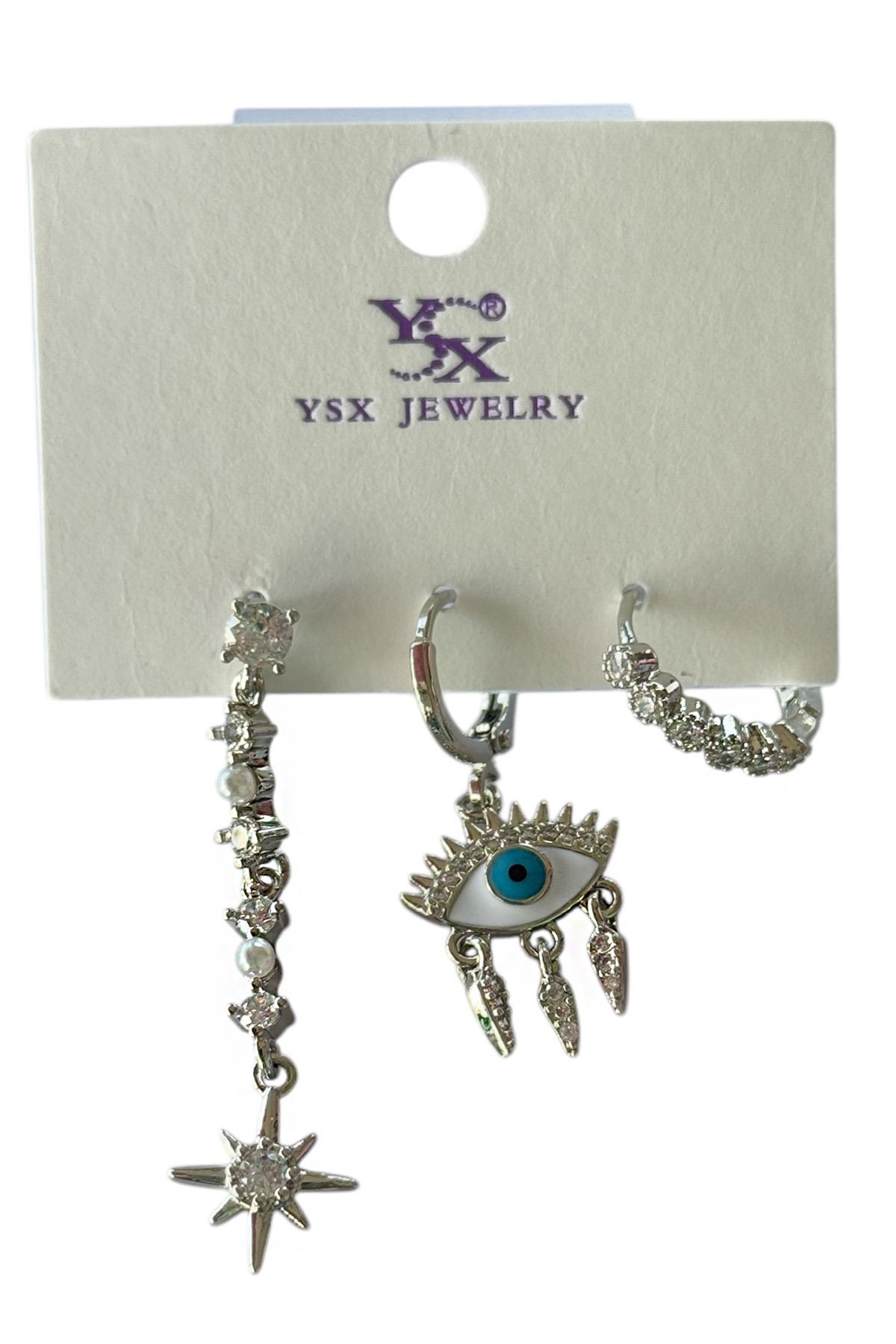 Gümüş Renk Göz Figürlü Taş Detaylı VİP 3'lü YSX Küpe Set