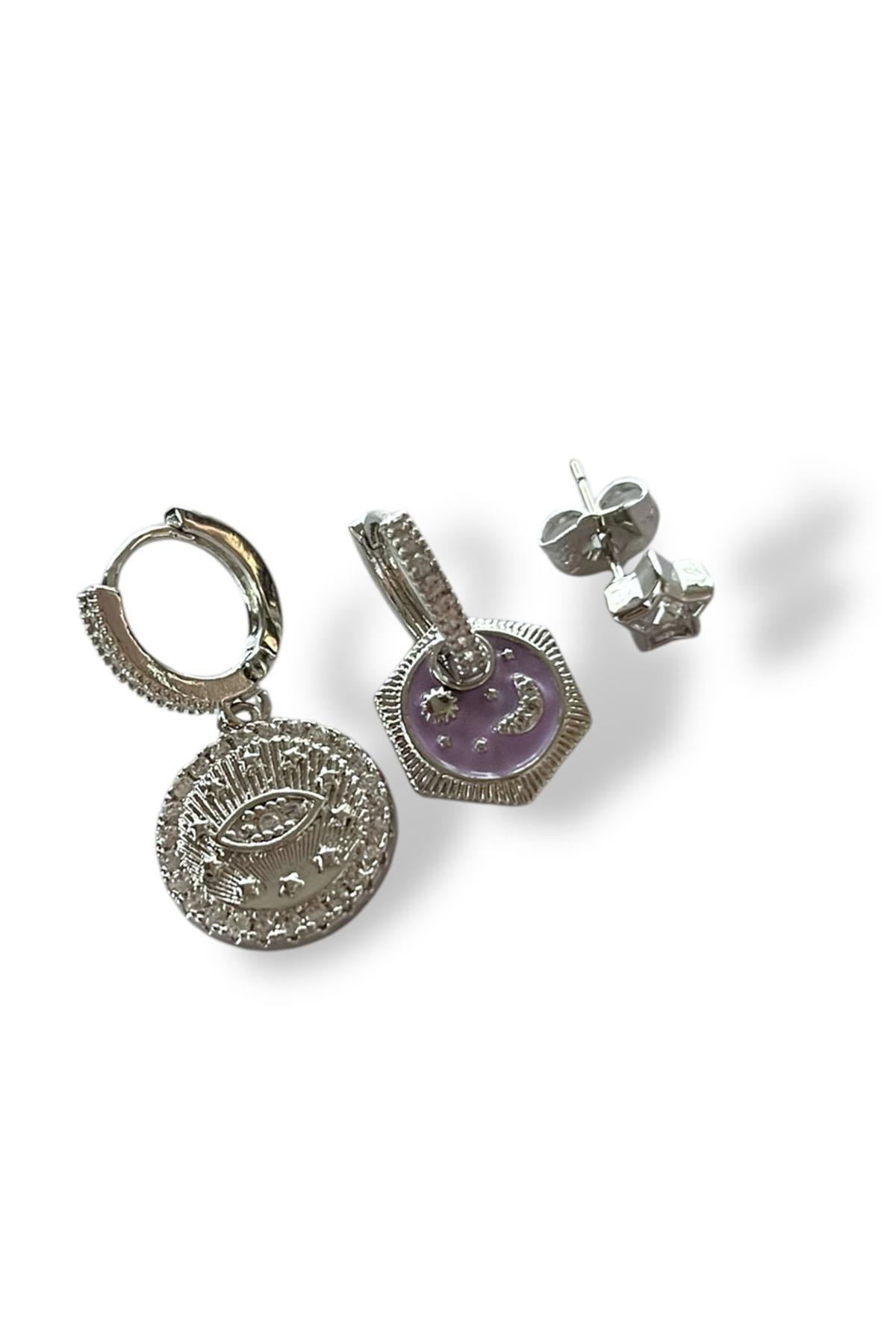 Gümüş Renk Göz Figürlü VİP 3'lü YSX Küpe Set