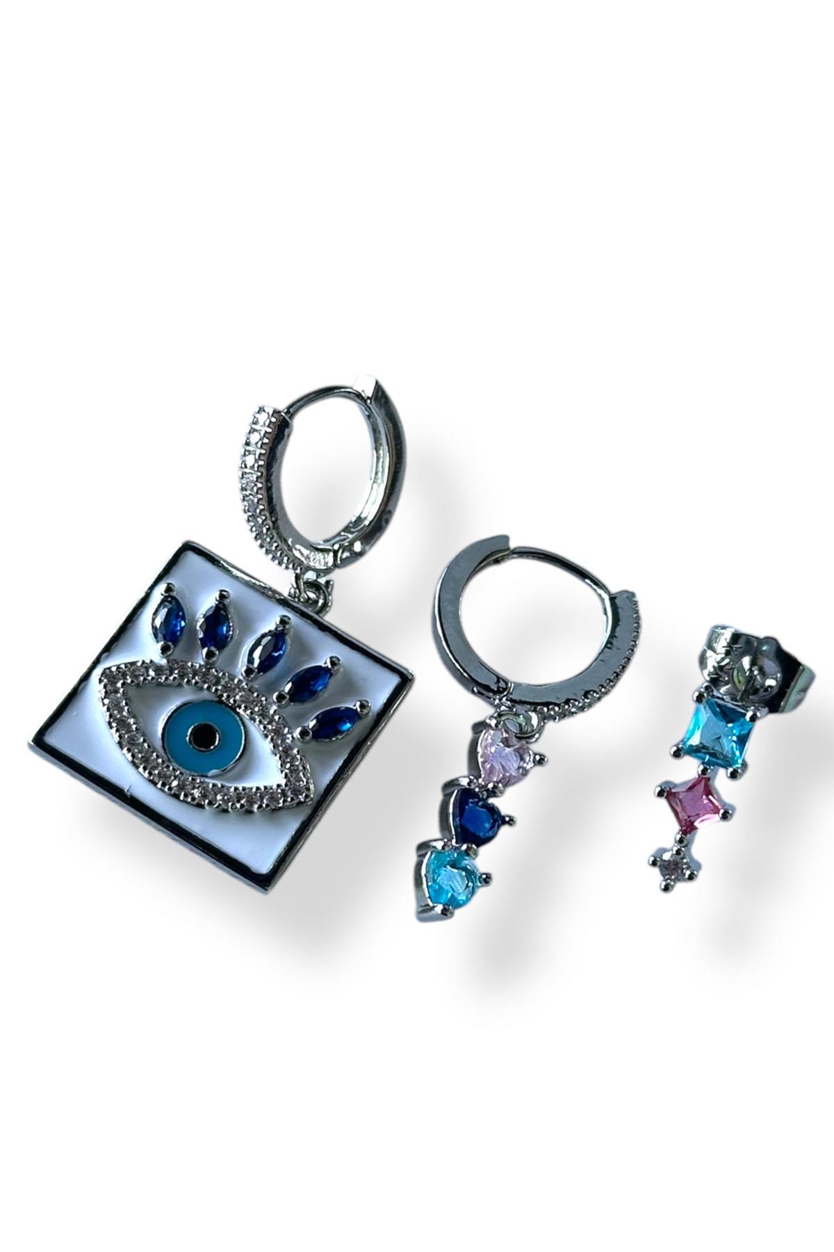 Gümüş Renk Göz Figürlü VİP 3'lü YSX Küpe Set