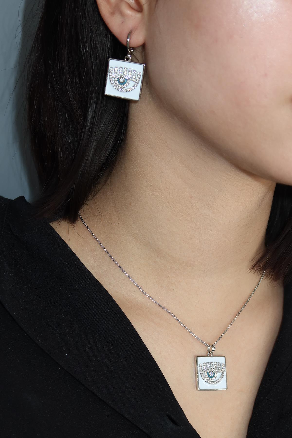 Gümüş Renk Göz Figürlü YSX Küpe Ve Kolye Set