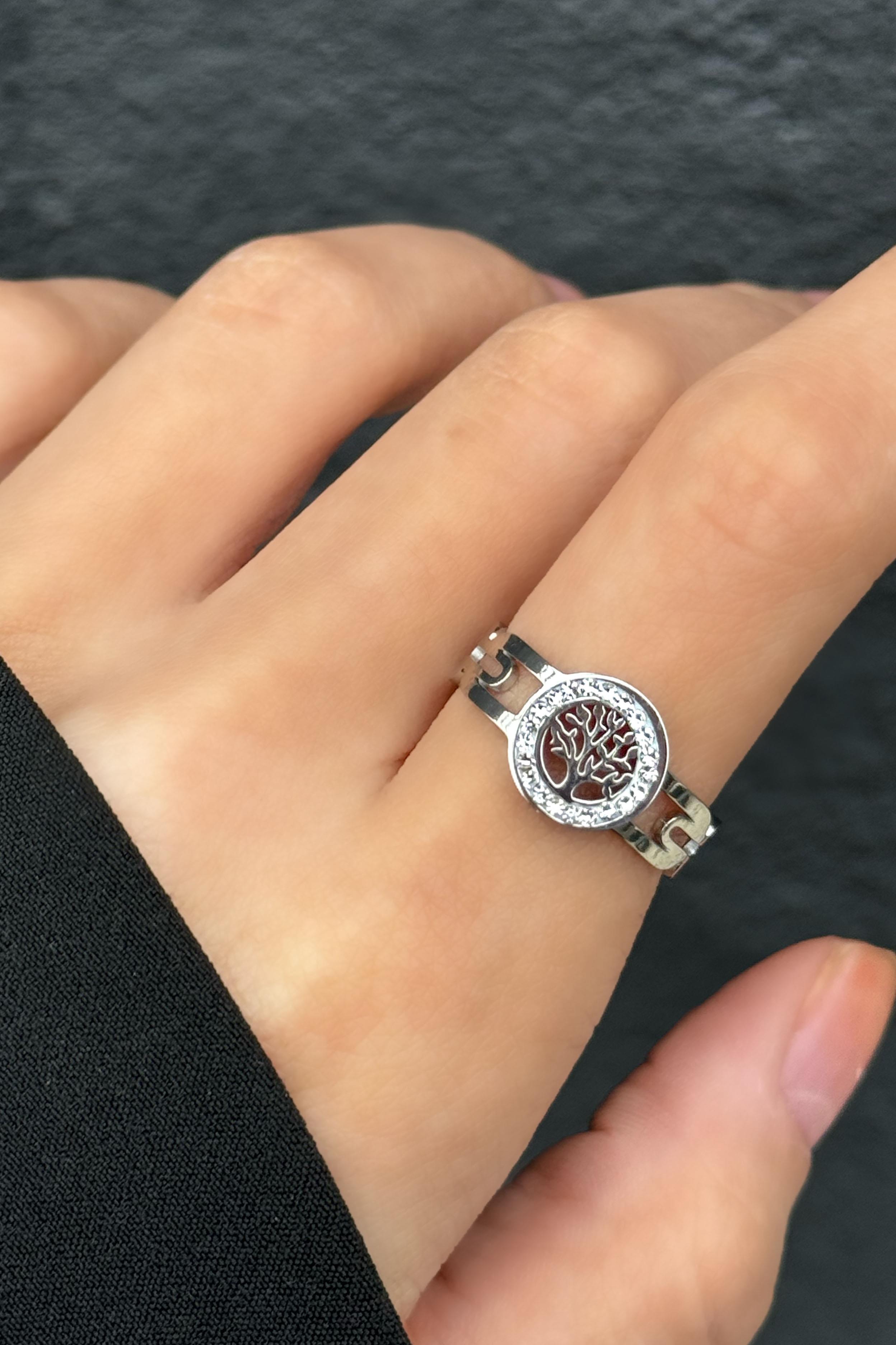 Gümüş Renk Hayat Ağacı Figürlü Ayarlanabilir Çelik Yüzük