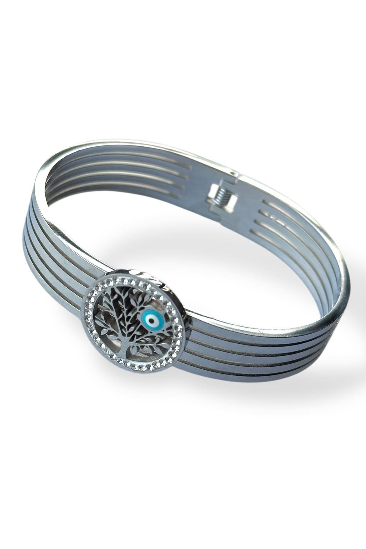 Gümüş Renk Hayat Ağacı Figürlü Çelik Kelepçe Bileklik