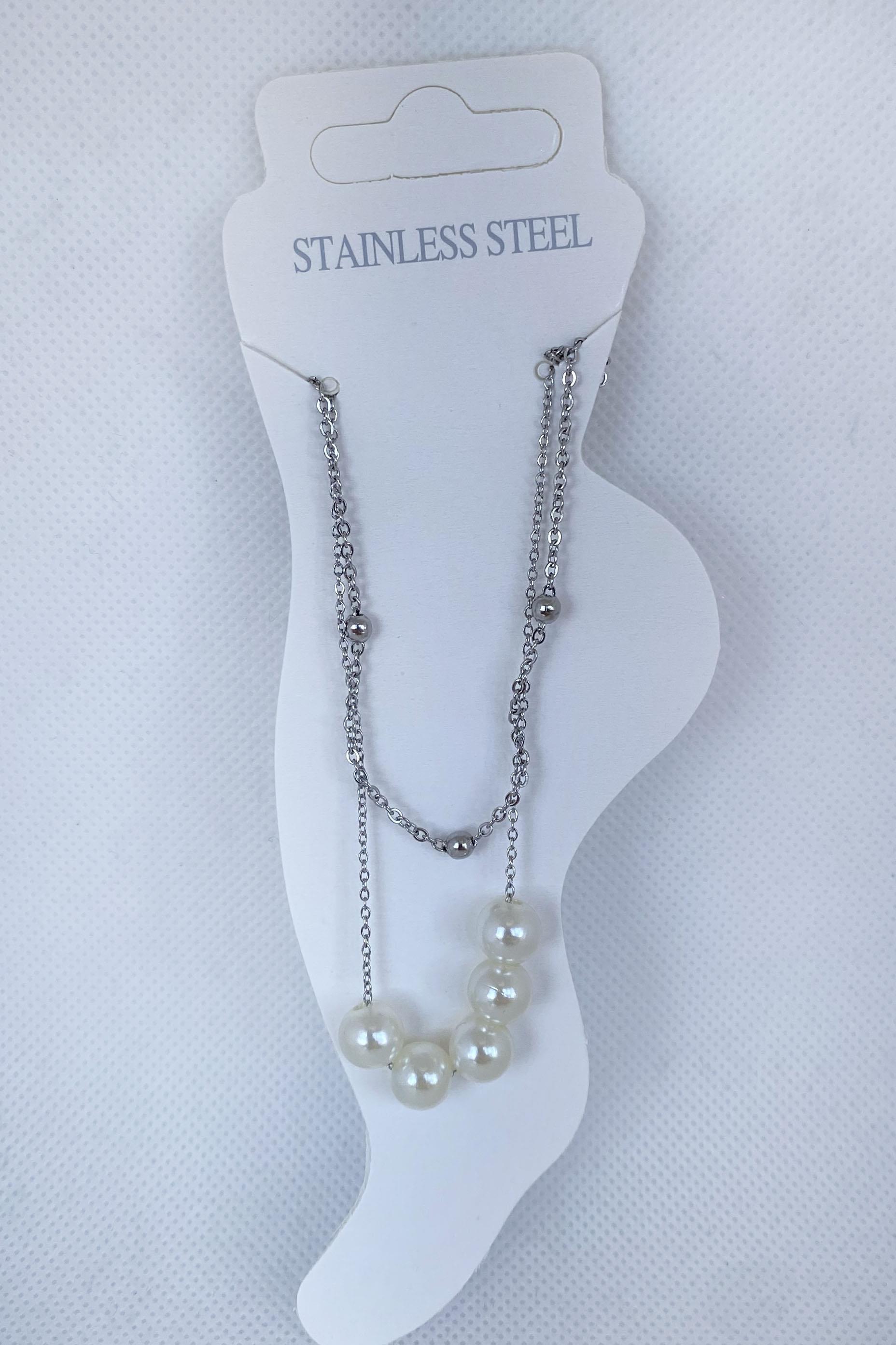 Gümüş Renk İnci Detaylı Çelik Halhal