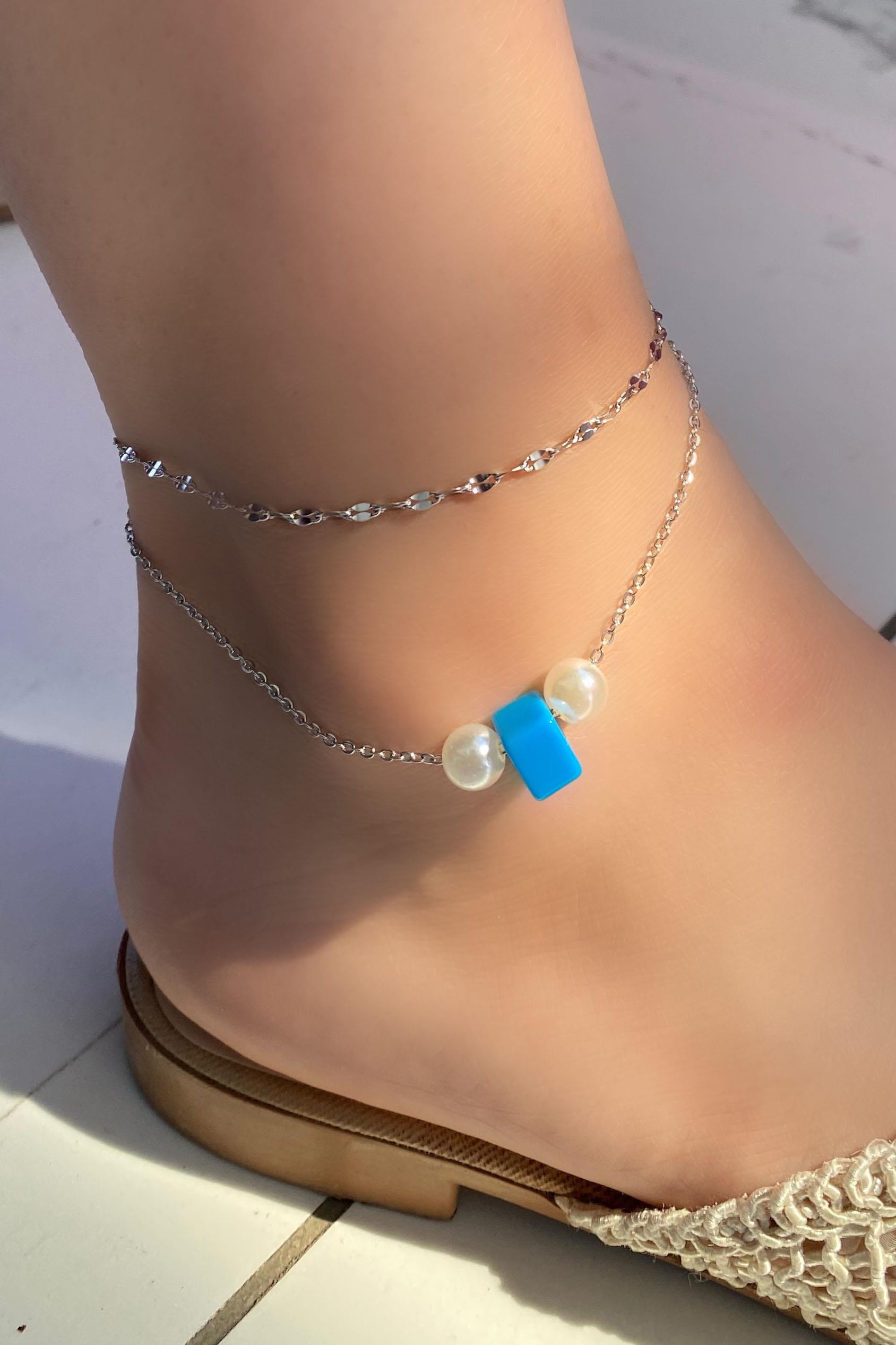 Gümüş Renk İnci Ve Mavi Boncuk Detaylı Çelik Halhal