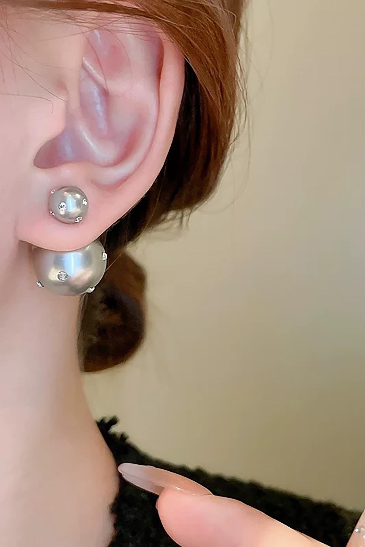 Gümüş Renk İncili Taş Detaylı Çelik Küpe (Çift)