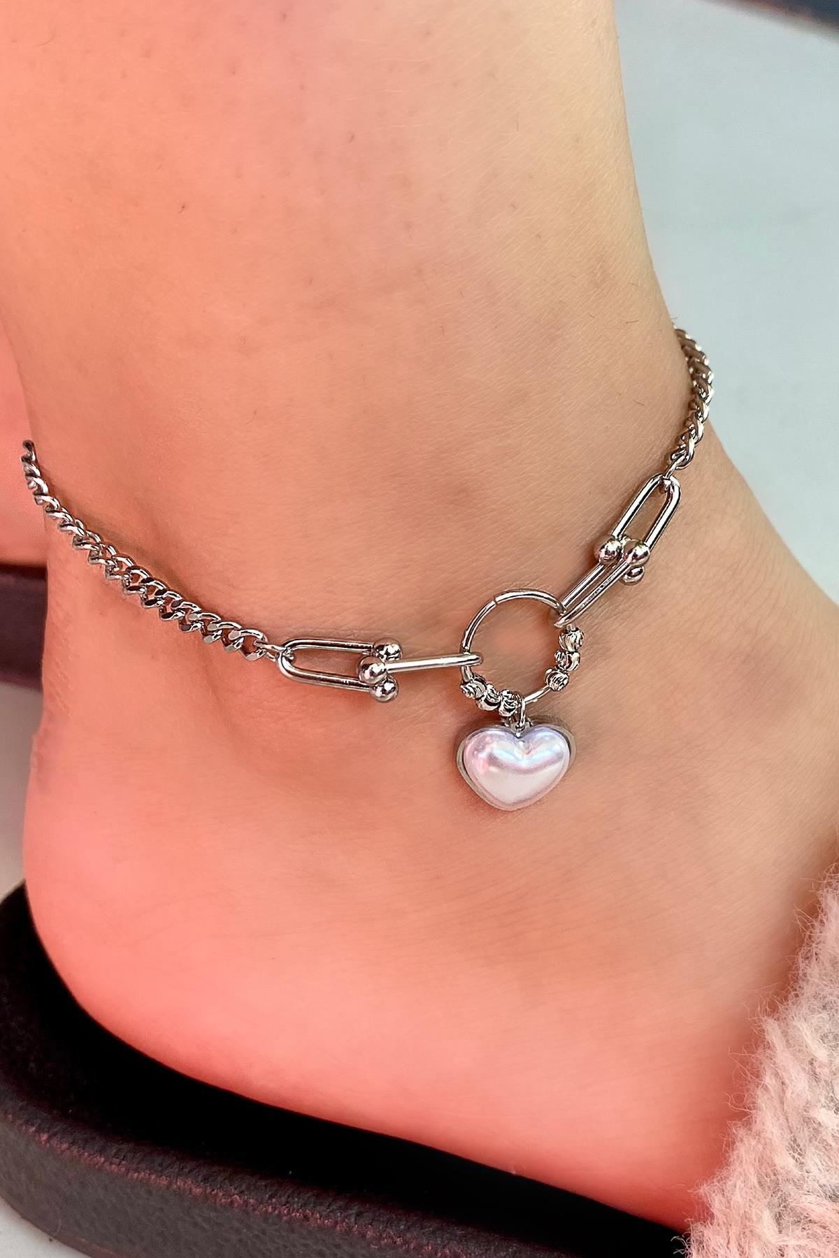 Gümüş Renk Kalp Figürlü Çelik Halhal