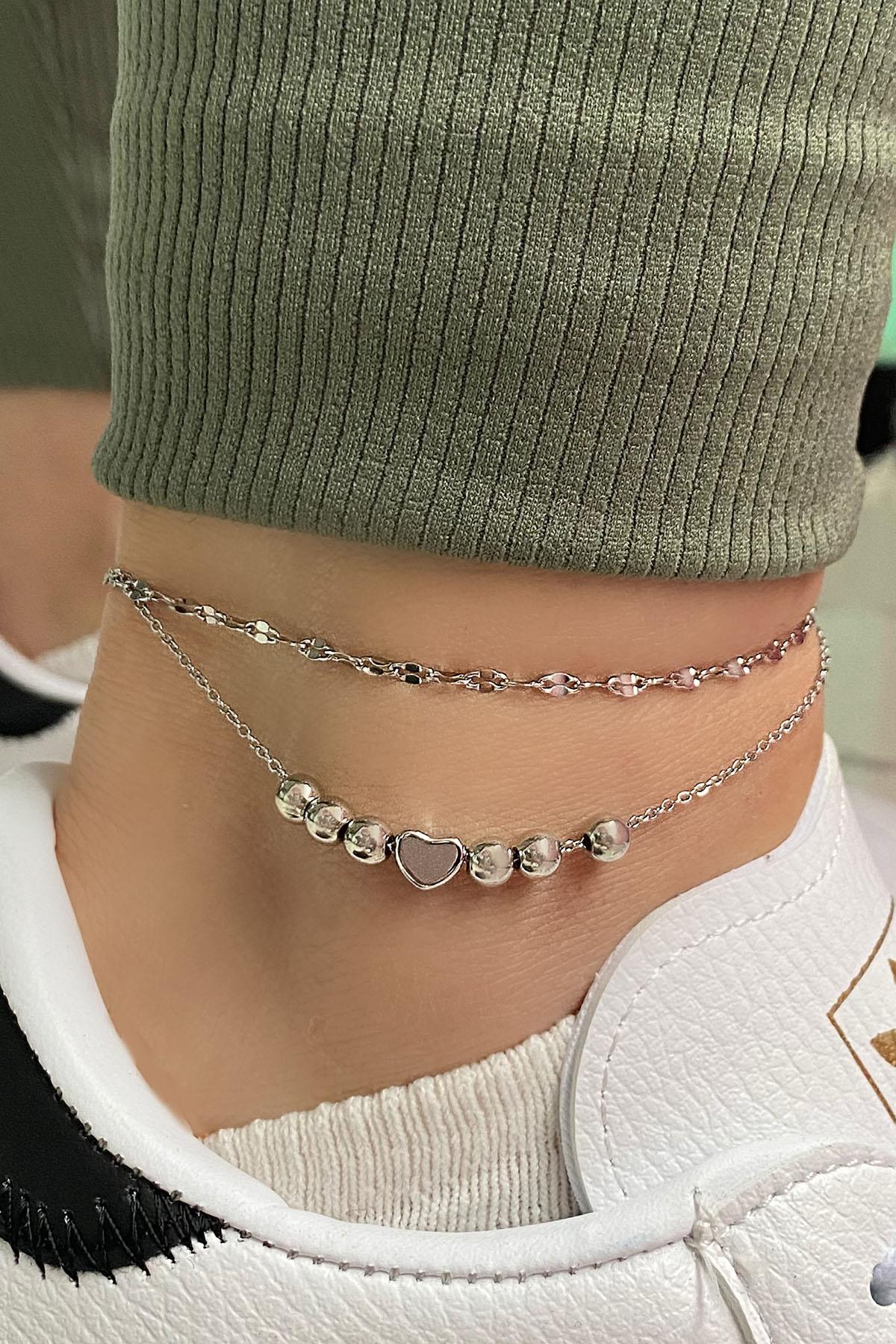 Gümüş Renk Kalp Figürlü Çelik Halhal