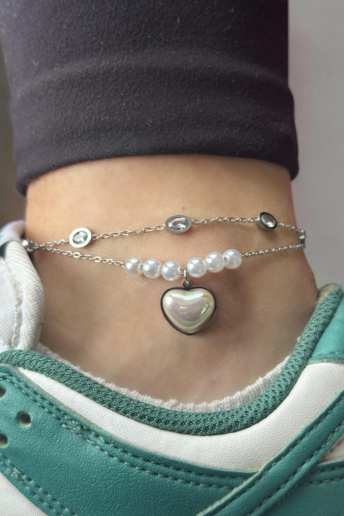 Gümüş Renk Kalp Figürlü İnci Ve Taş Detaylı Çelik Halhal