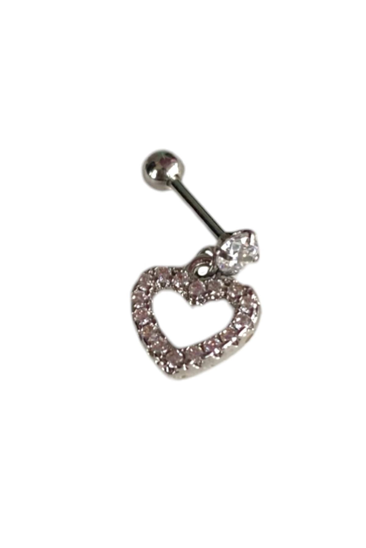 Gümüş Renk Kalp Figürlü Taş Detaylı Cerrahi Çelik Tragus/Kıkırdak Küpe/Piercing (Tek)