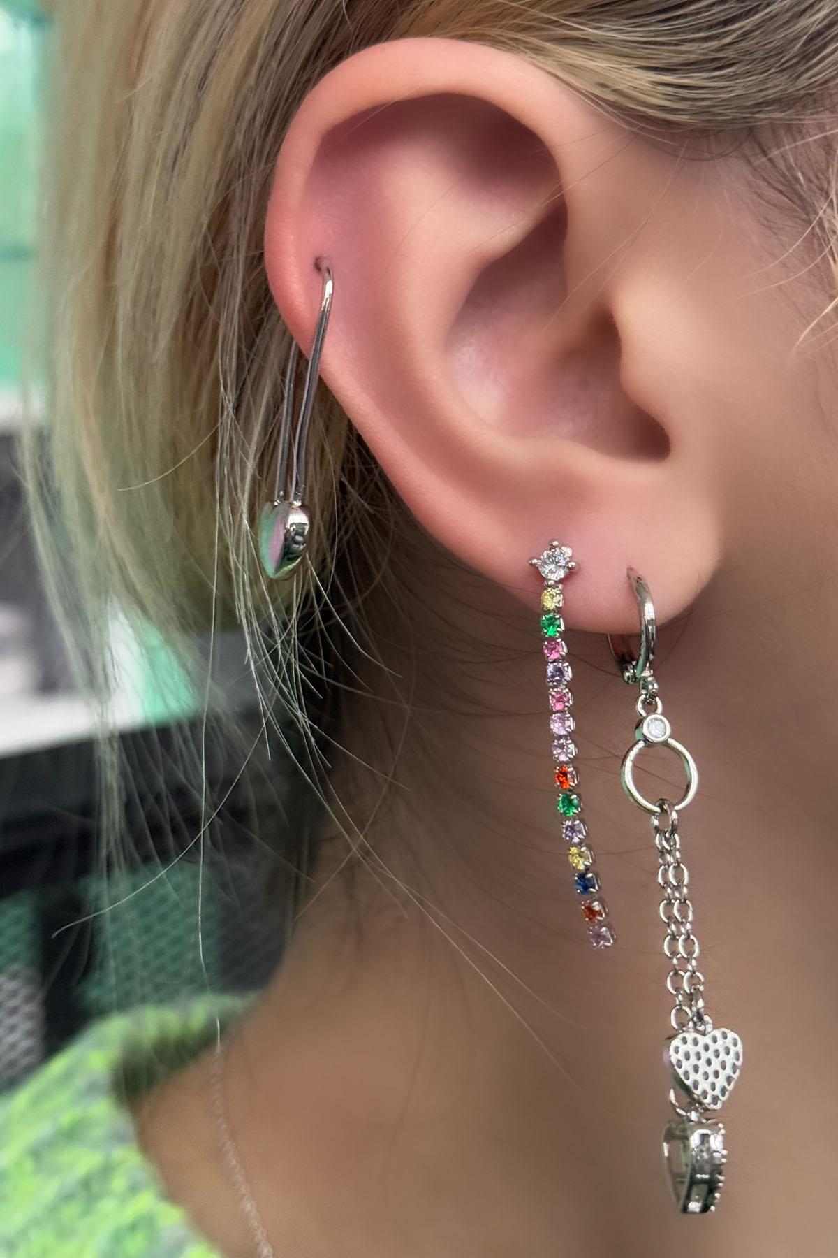 Gümüş Renk Kalp Figürlü Taş Detaylı VİP 3'lü YSX Küpe Set