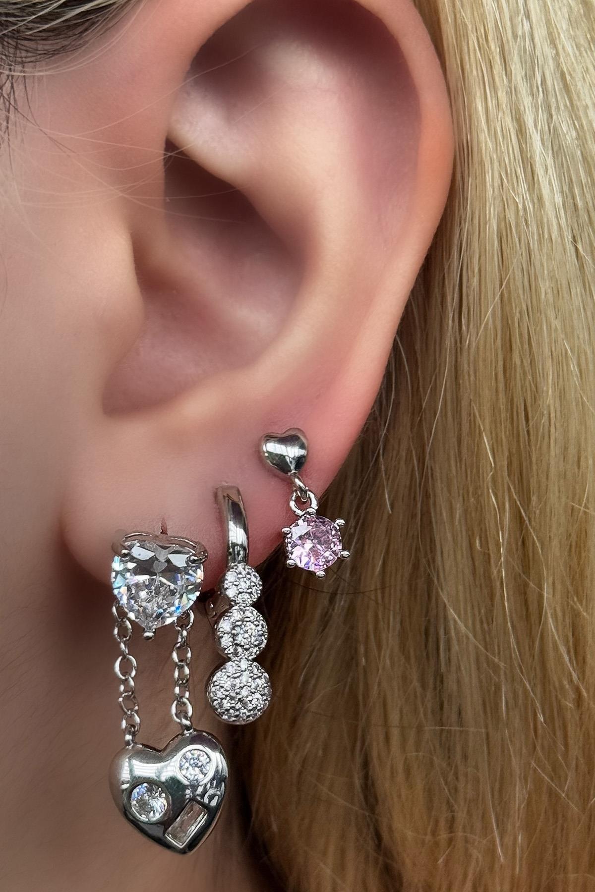 Gümüş Renk Kalp Figürlü Taş Detaylı VİP 3'lü YSX Küpe Set