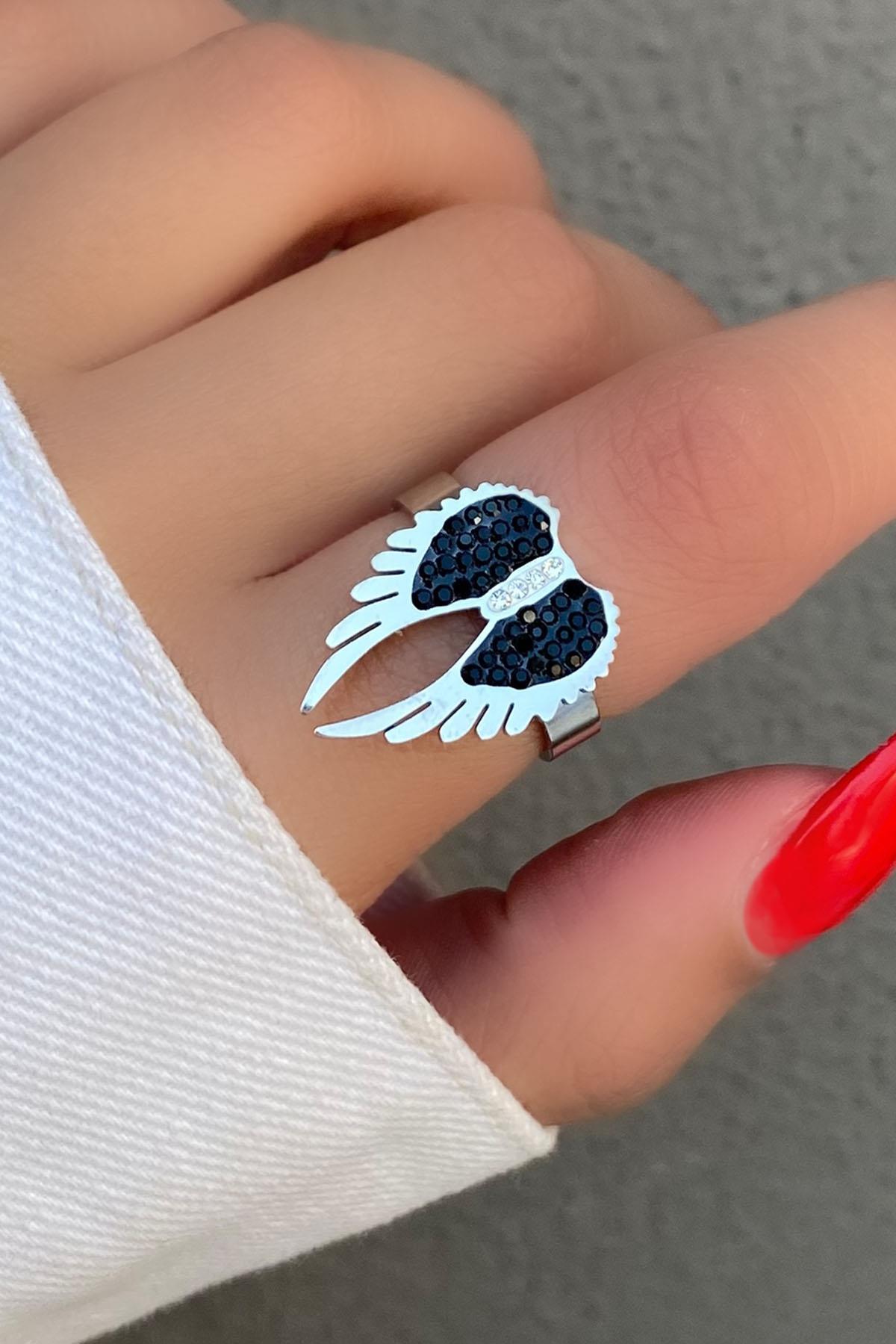 Gümüş Renk Kanat Figürlü Ayarlanabilir Çelik Yüzük