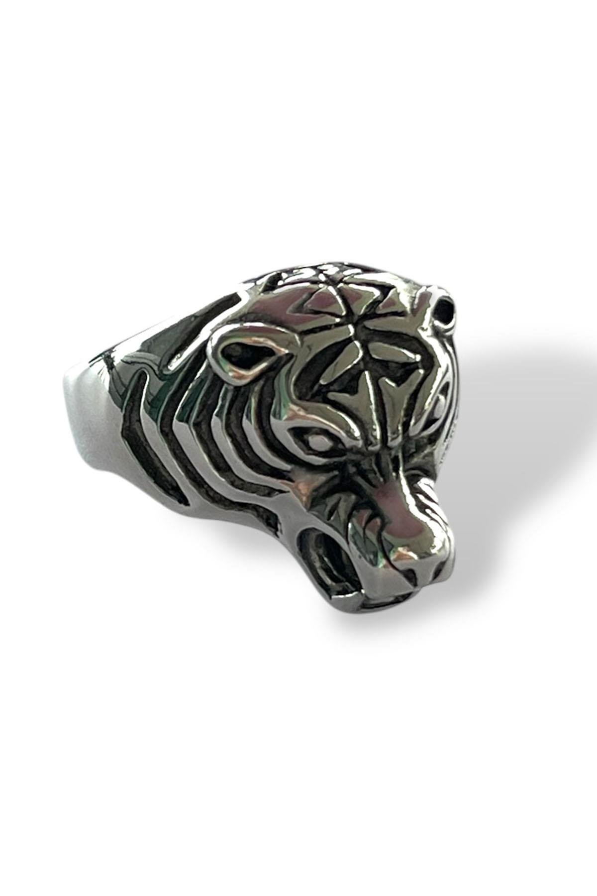 Gümüş Renk Kaplan Figürlü Ayarlanabilir Erkek Yüzük