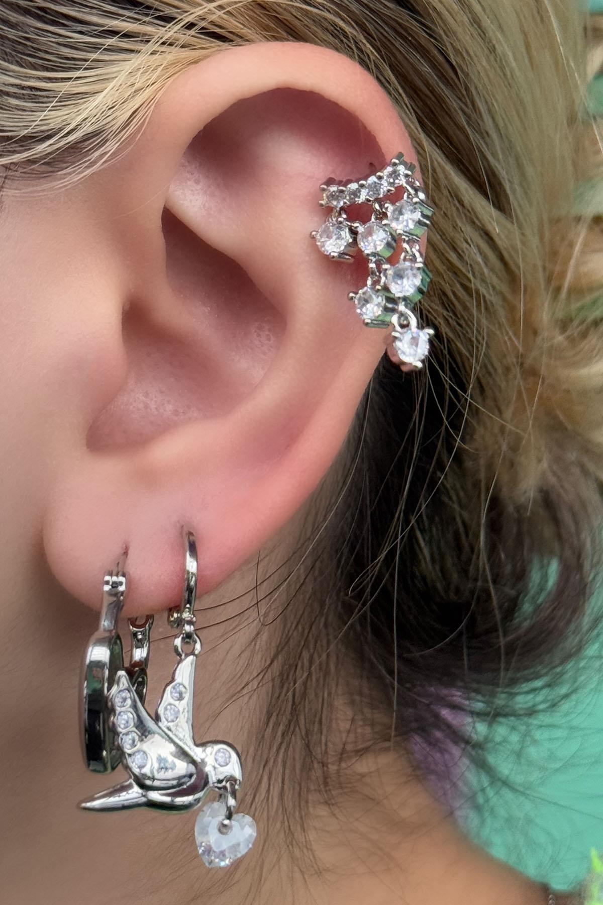 Gümüş Renk Karışık Figürlü Taş Detaylı VİP 3'lü YSX Küpe Set