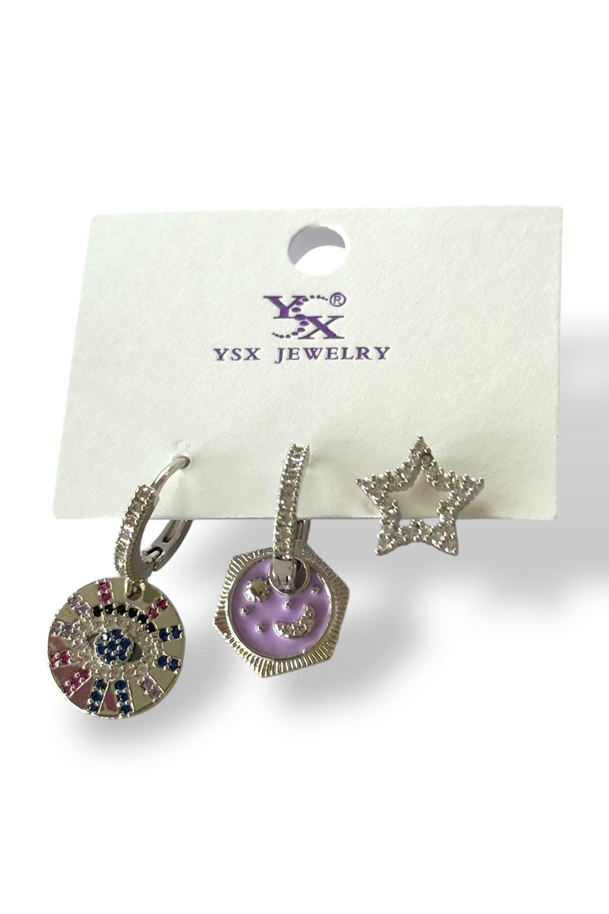 Gümüş Renk Karışık Figürlü Taş Detaylı VİP 3'lü YSX Küpe Set