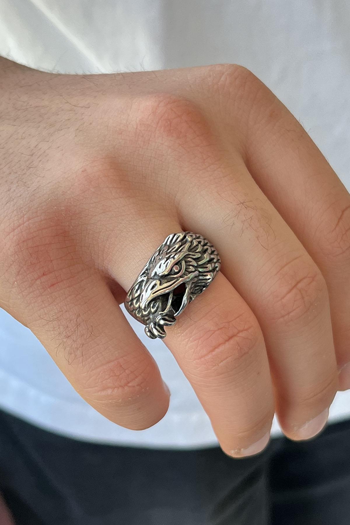 Gümüş Renk Kartal Figürlü Ayarlanabilir Çelik Erkek Yüzük