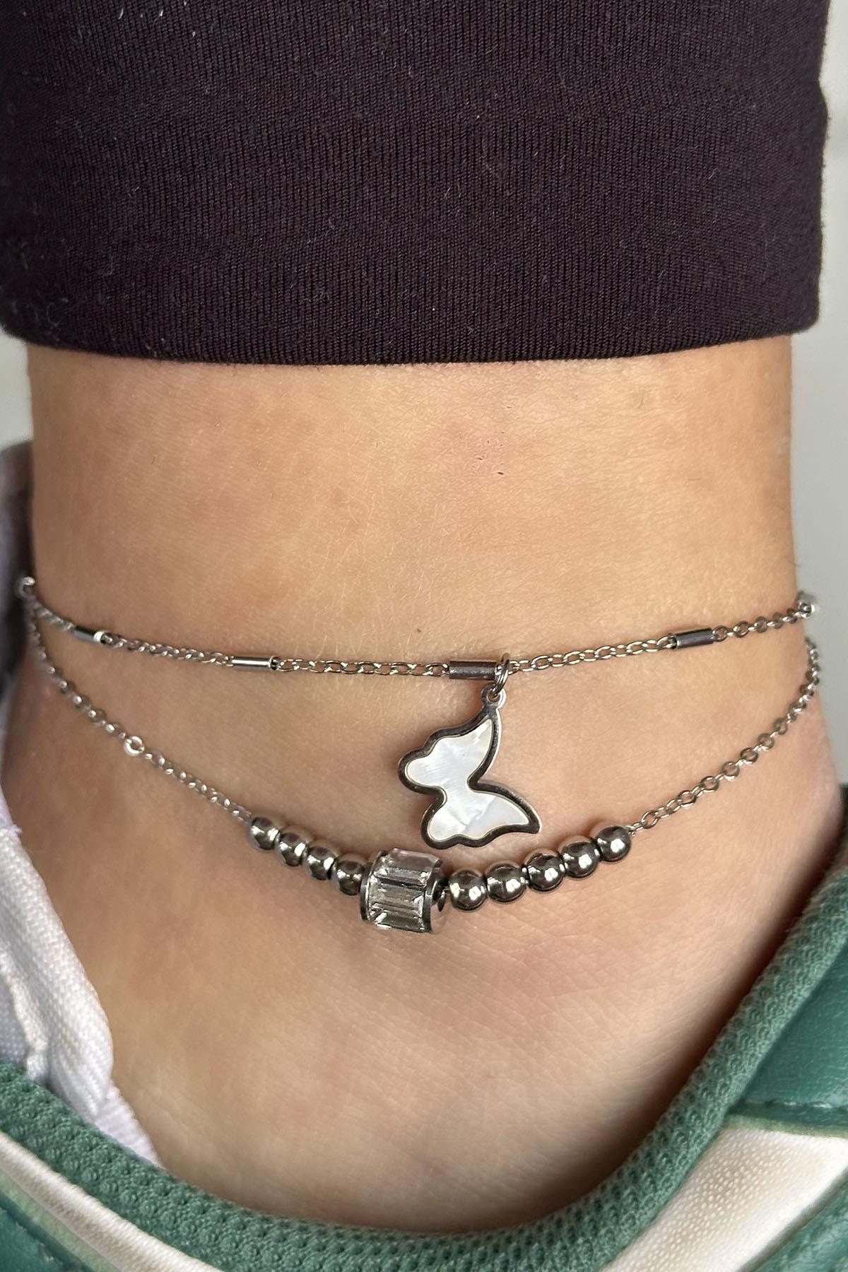 Gümüş Renk Kelebek Figürlü Çelik Halhal