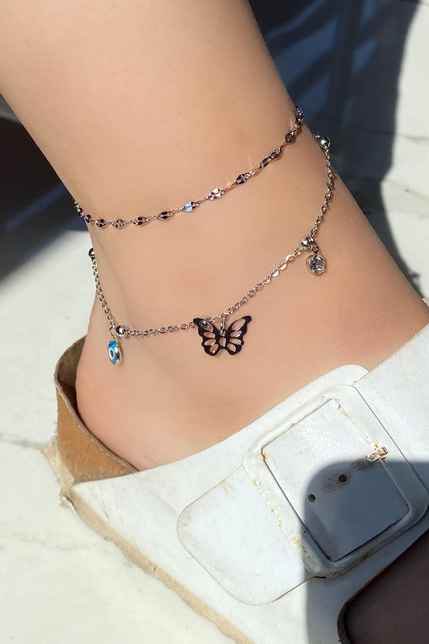 Gümüş Renk Kelebek Figürlü Nazar Boncuğu Detaylı Çelik Halhal