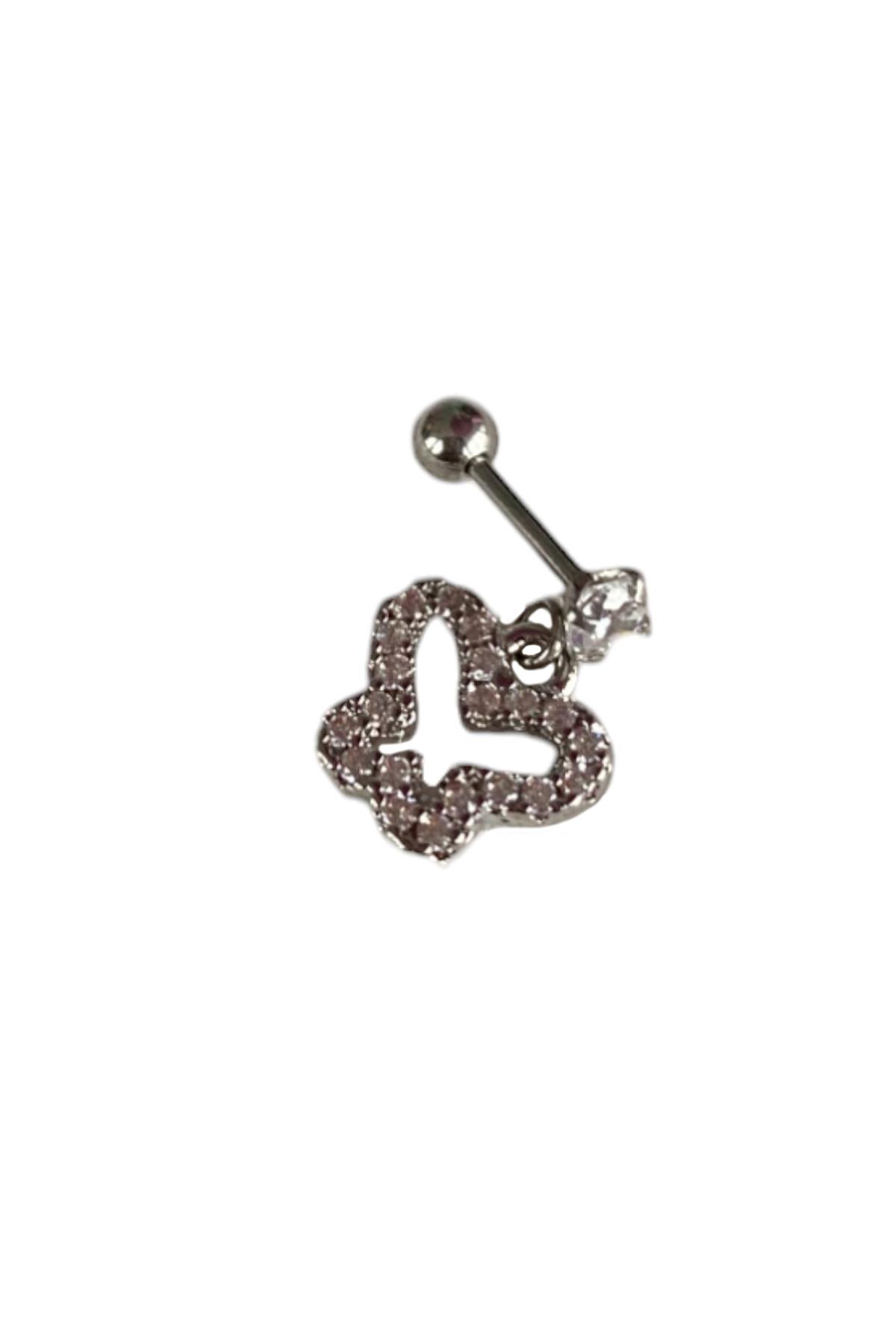 Gümüş Renk Kelebek Figürlü Taş Detaylı Cerrahi Çelik Tragus/Kıkırdak Küpe/Piercing (Tek)