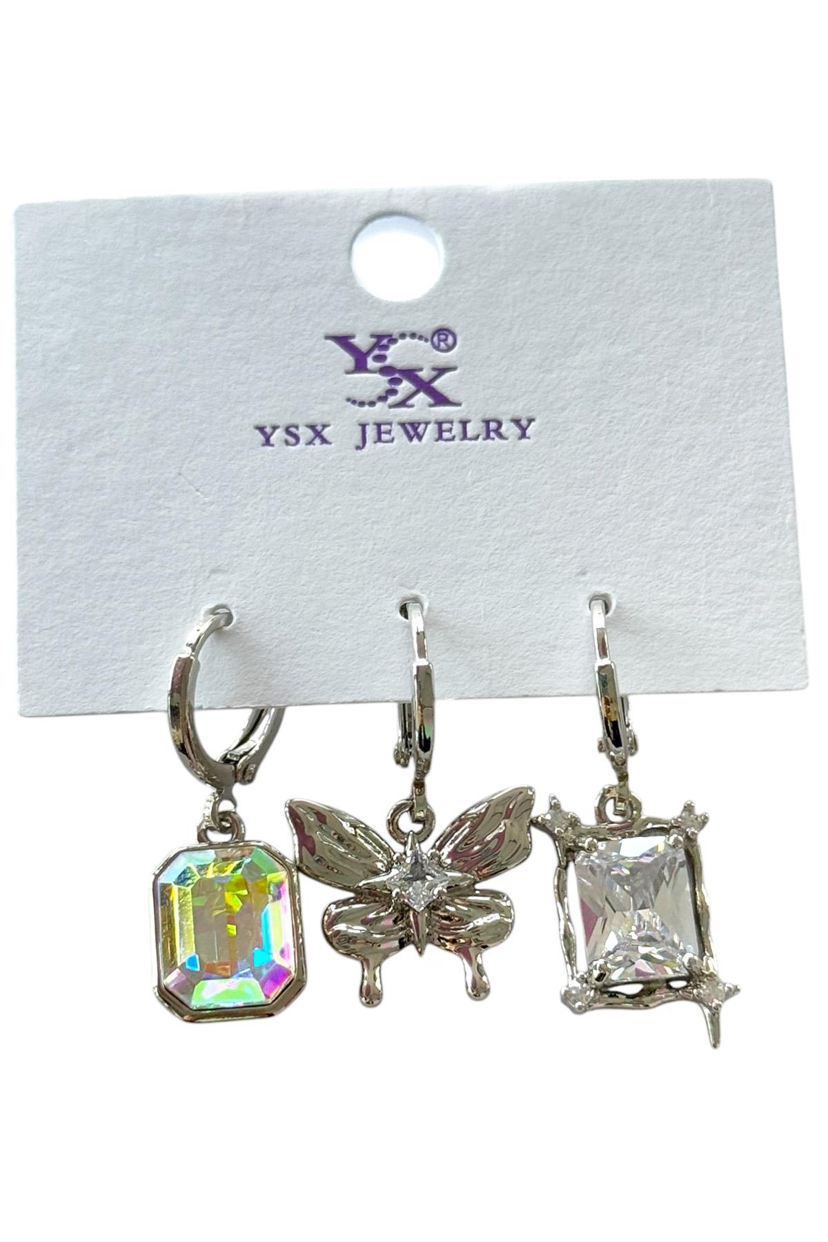 Gümüş Renk Kelebek Figürlü Taş Detaylı VİP 3'lü YSX Küpe Set