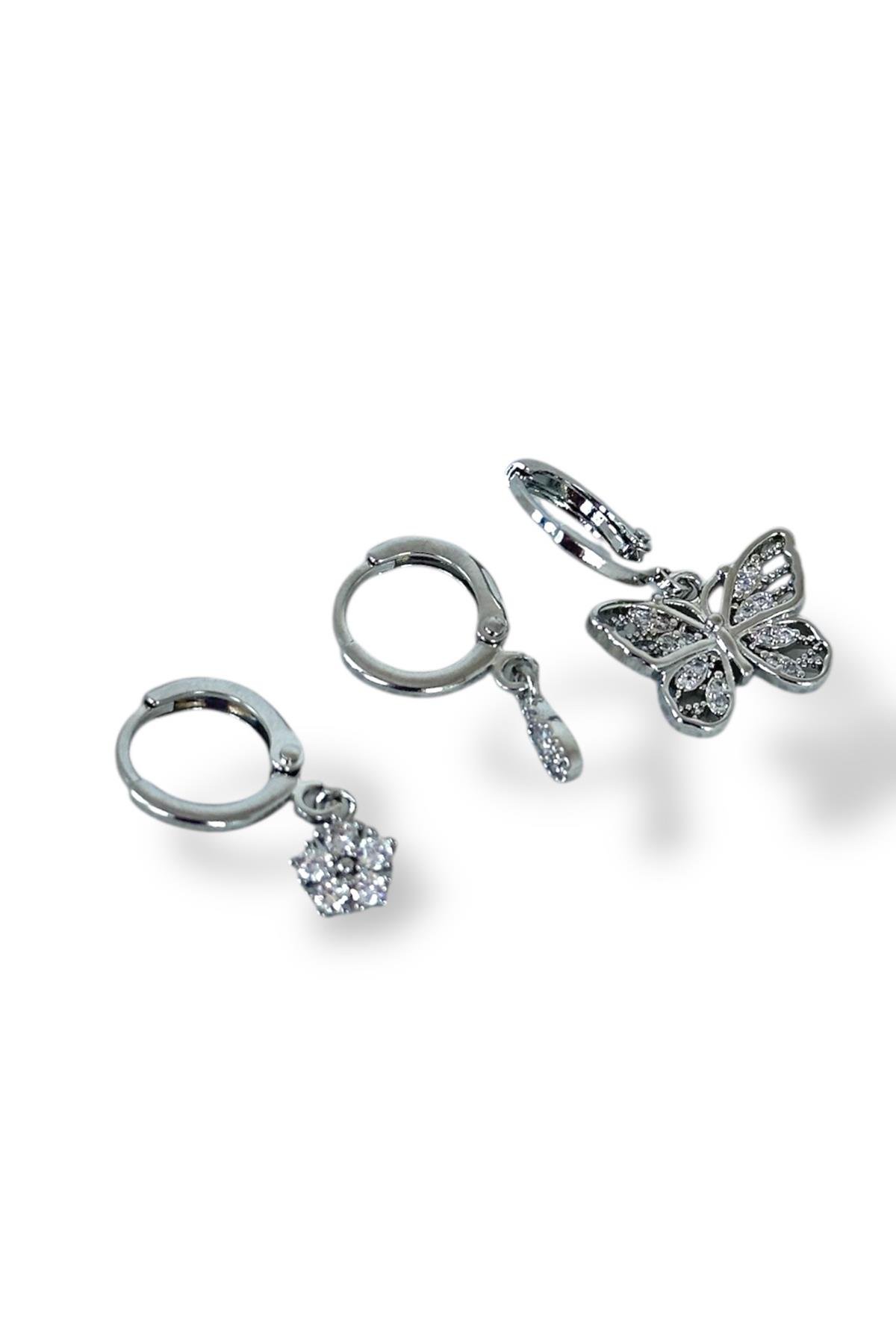 Gümüş Renk Kelebek Figürlü Taş Detaylı VİP 3'lü YSX Küpe Set