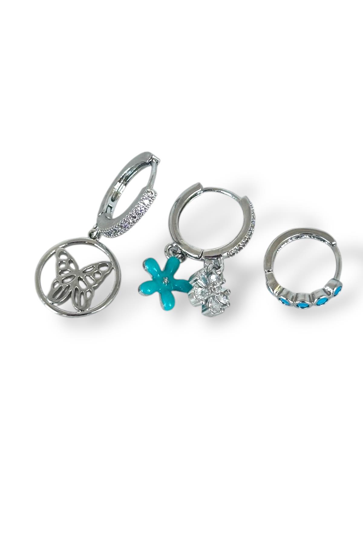 Gümüş Renk Kelebek Figürlü Taş Detaylı VİP 3'lü YSX Küpe Set