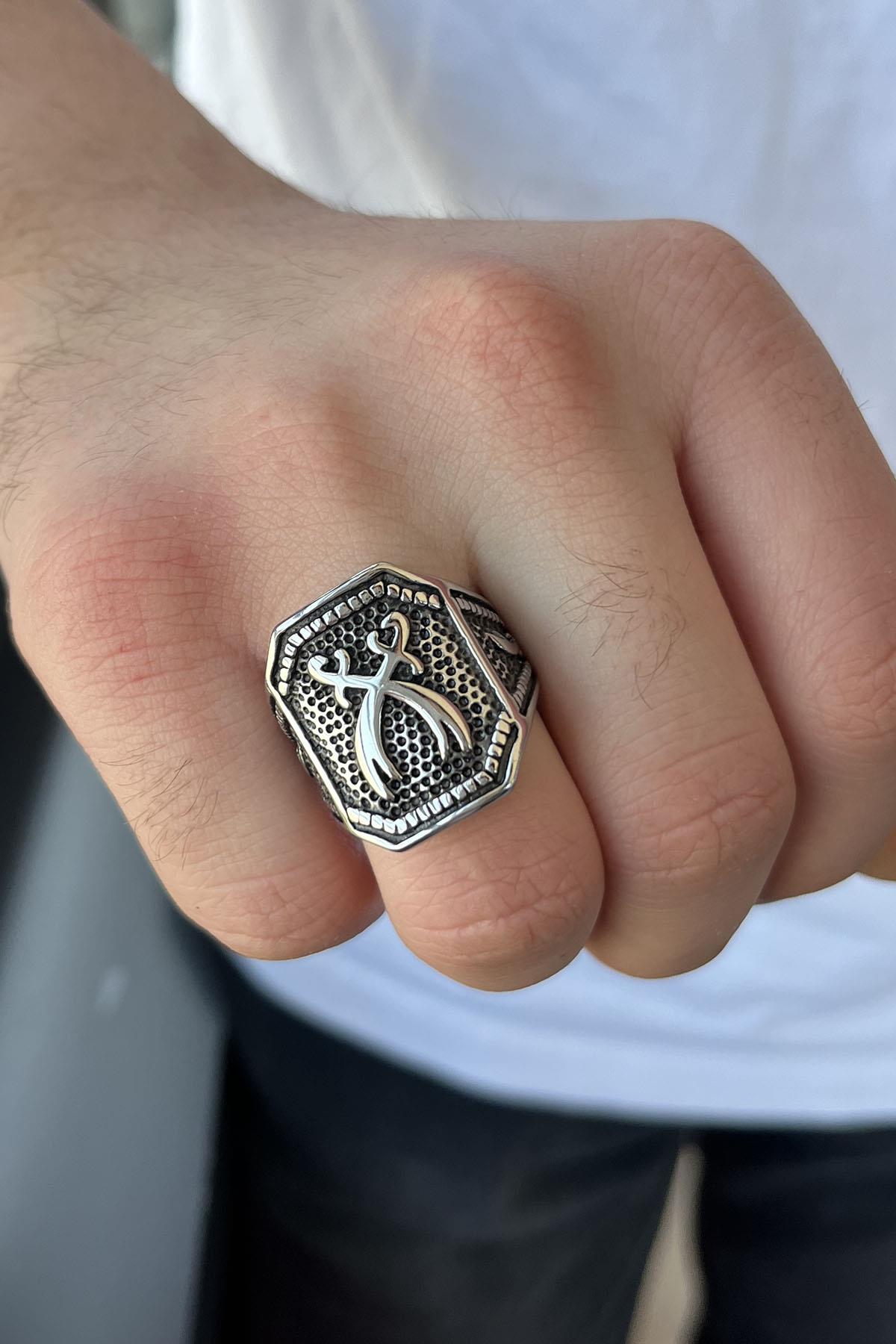 Gümüş Renk Kılıç Figürlü Ayarlanabilir Çelik Erkek Yüzük