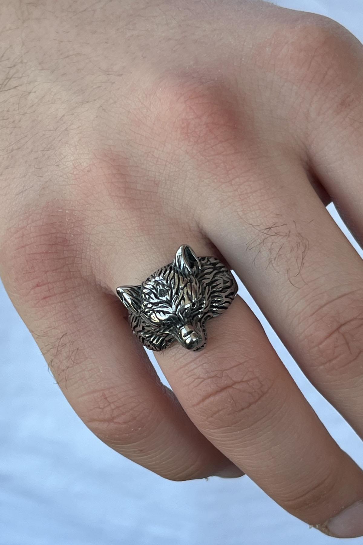 Gümüş Renk Kurt Figürlü Ayarlanabilir Çelik Erkek Yüzük