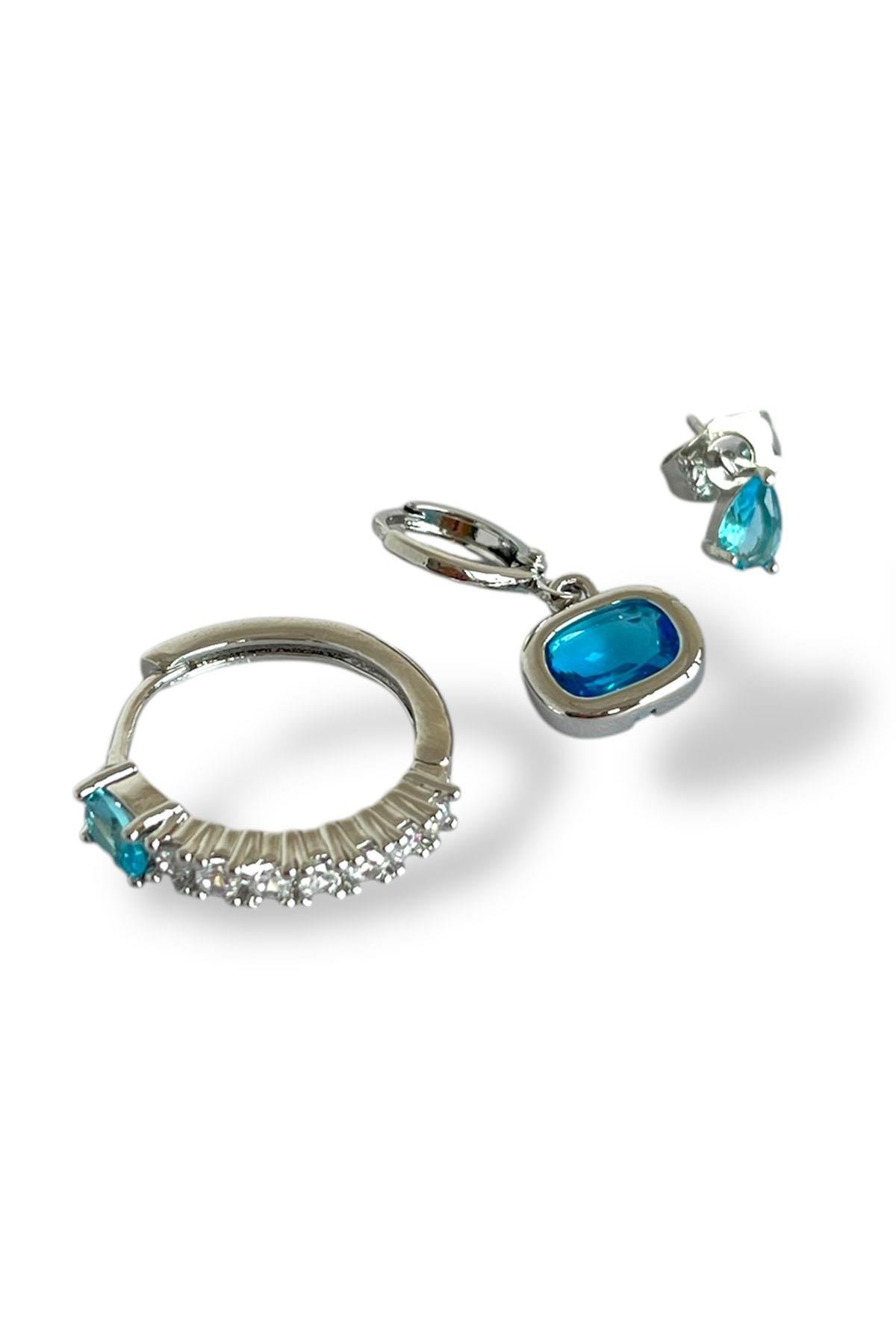 Gümüş Renk Mavi Taş Detaylı 3'lü YSX Küpe Set