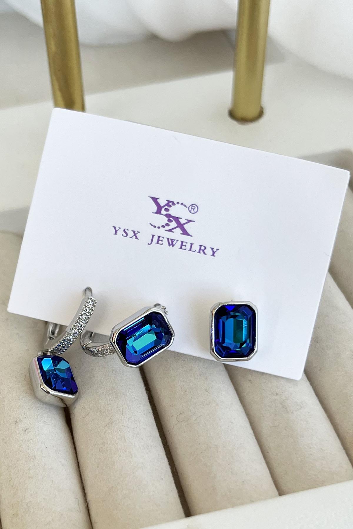 Gümüş Renk Mavi Taş Detaylı VİP 3'lü YSX Küpe Set