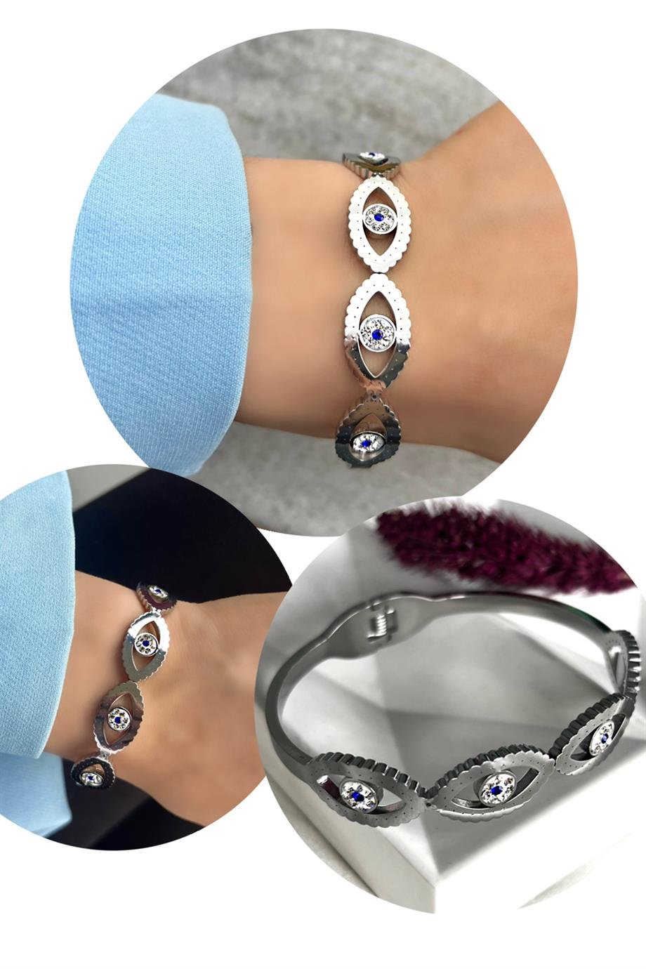 Gümüş Renk Nazar Boncuğu Detaylı Çelik Kelepçe Bileklik