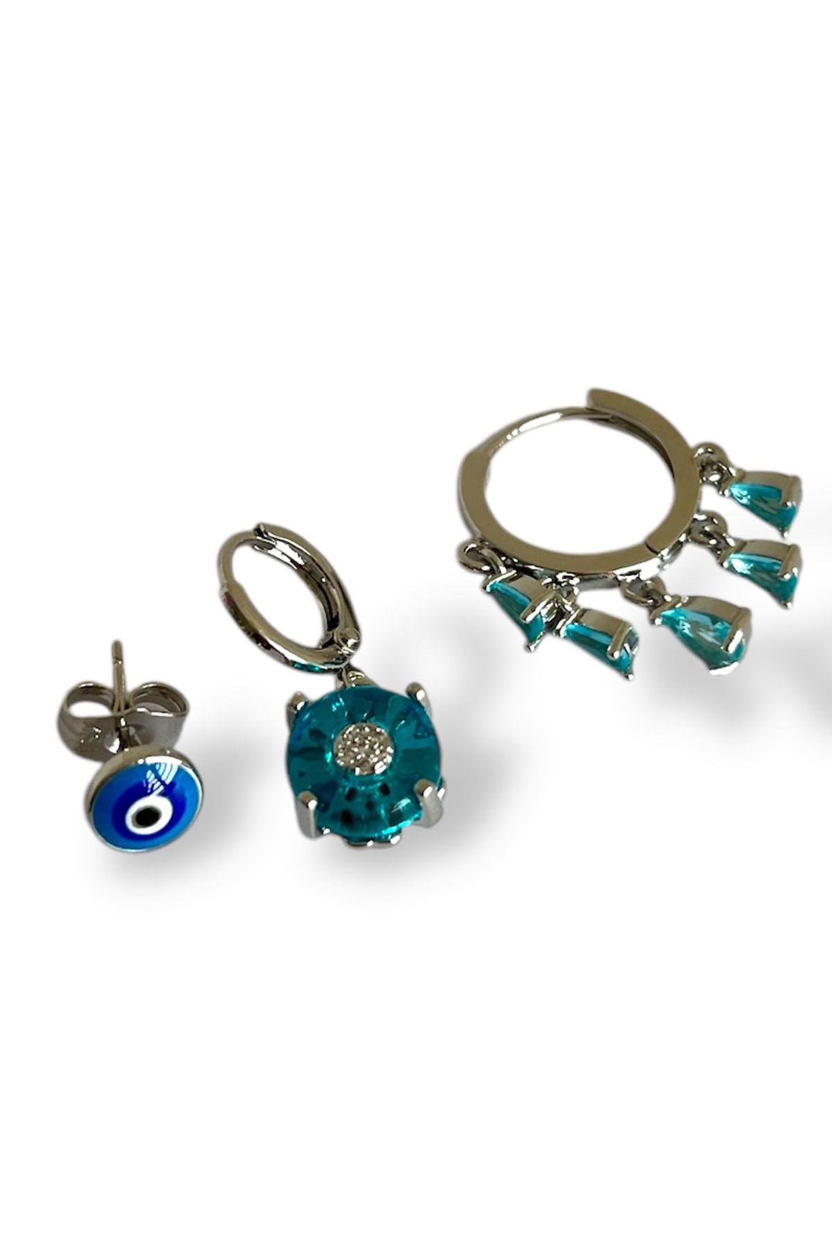 Gümüş Renk Nazar Boncuk Figürlü Taş Detaylı 3'lü YSX Küpe Set