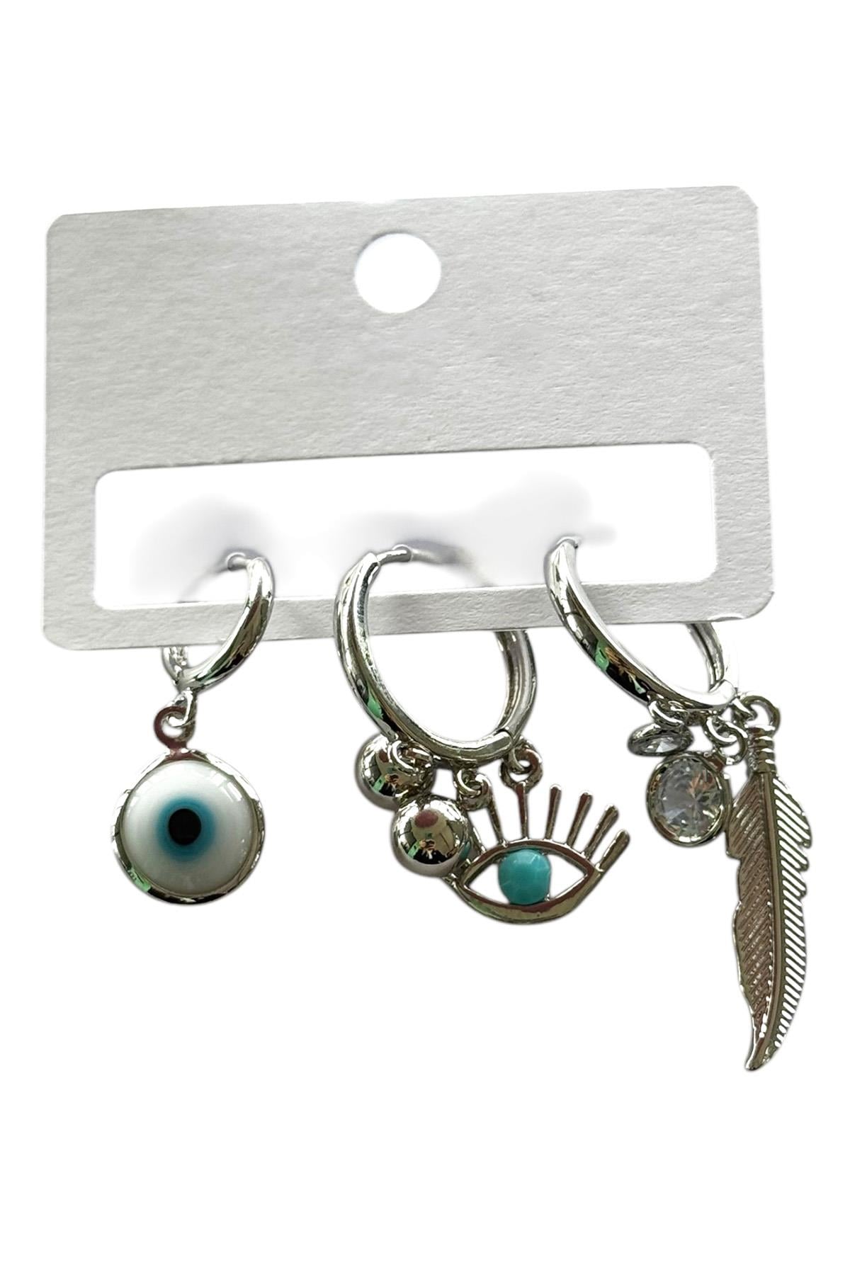 Gümüş Renk Nazar Boncuk Figürlü Taş Detaylı 3'lü Küpe Set