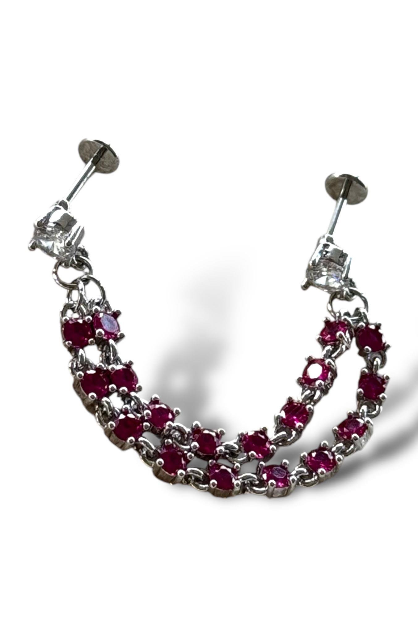 Gümüş Renk Pembe Taş Detaylı Sallantılı Çelik Piercing Küpe (Tek)