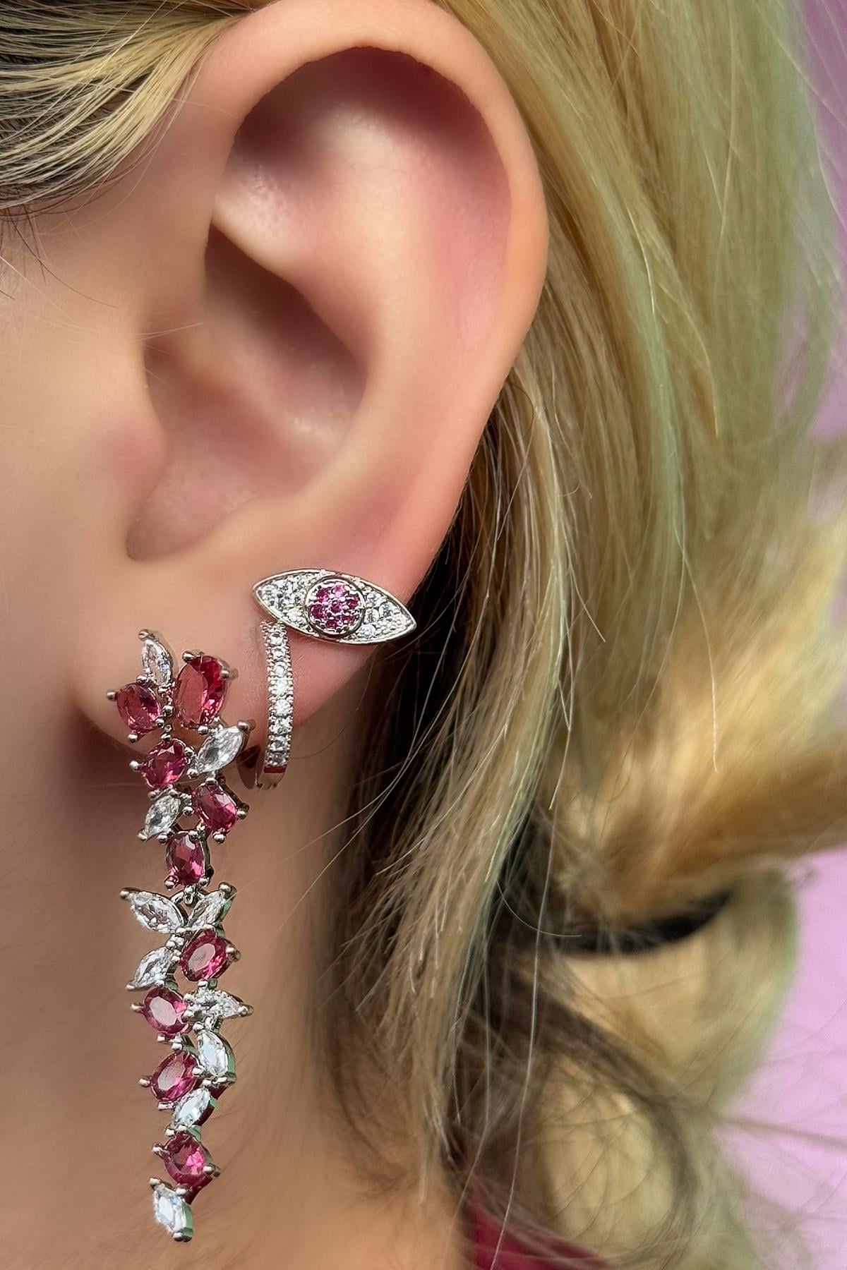 Gümüş Renk Pembe Taş Detaylı VİP 3'lü YSX Küpe Set