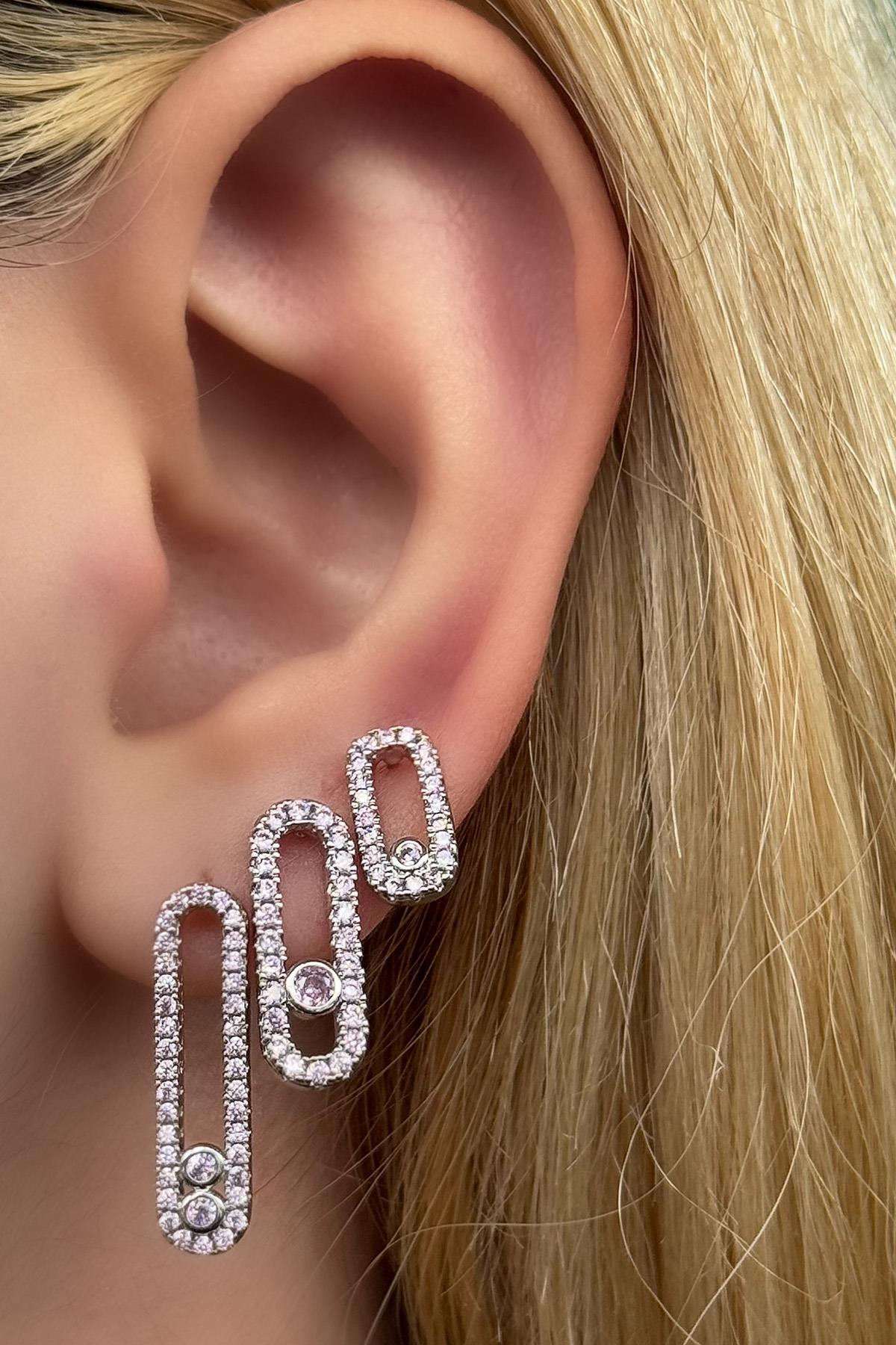 Gümüş Renk Pembe Taş Detaylı VİP 3'lü YSX Küpe Set