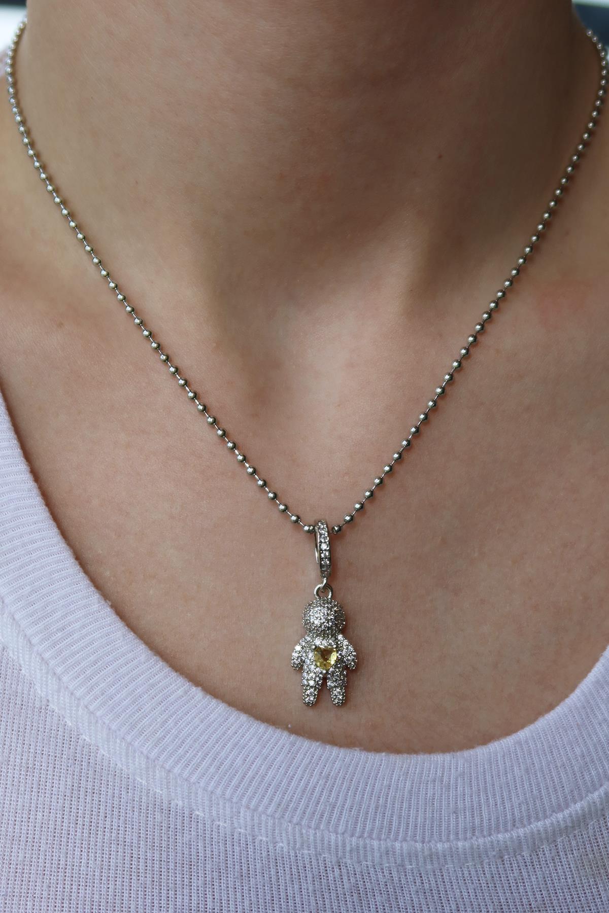 Gümüş Renk Sarı Taş Detaylı YSX Kolye