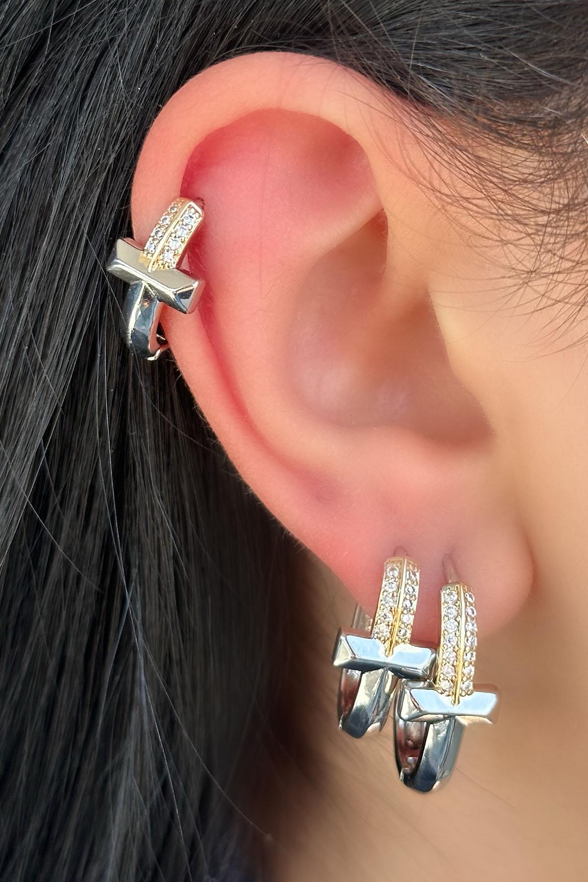 Gümüş Renk Taş Detaylı 3'lü YSX Küpe Set