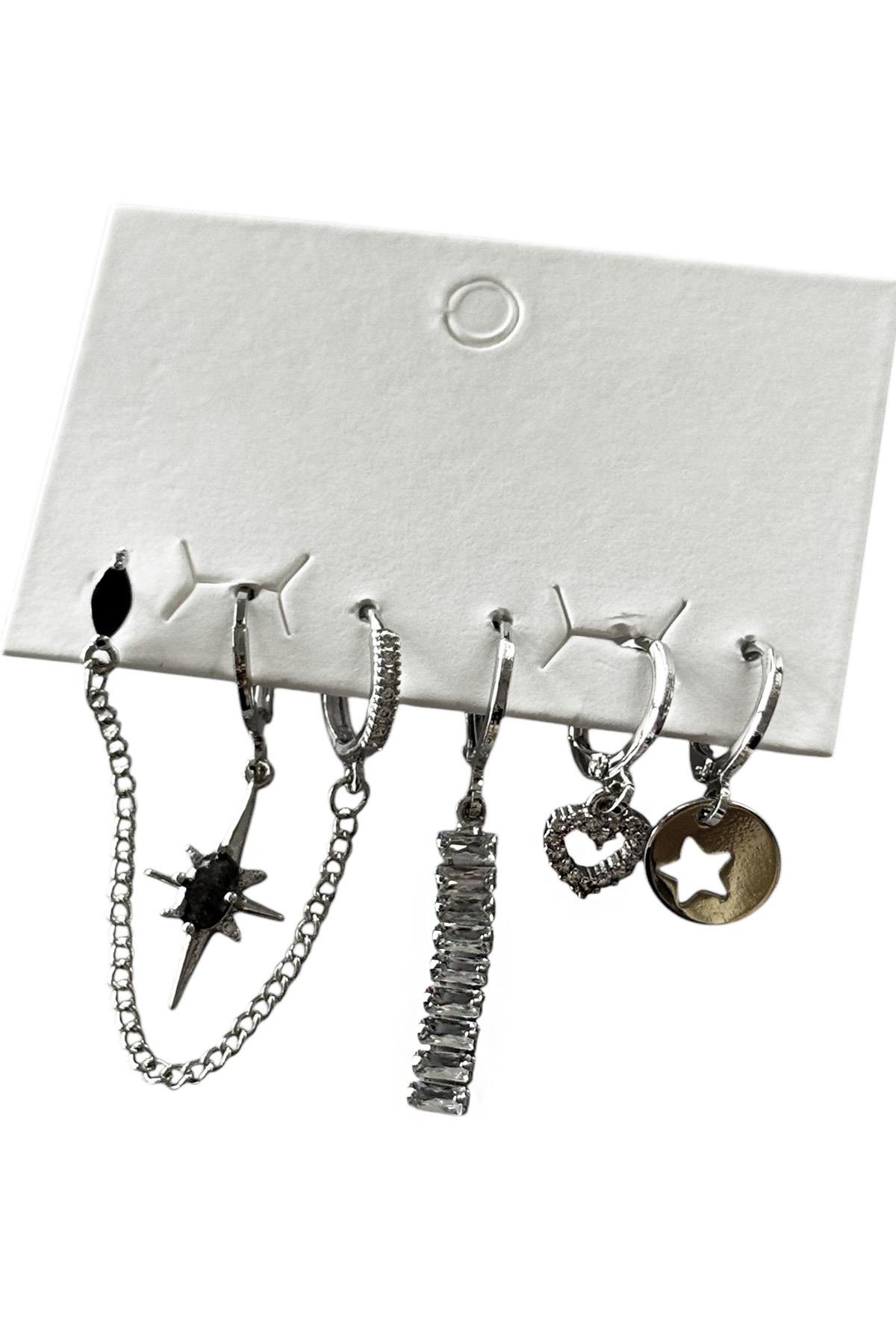 Gümüş Renk Taş Detaylı 6'lı Küpe Set