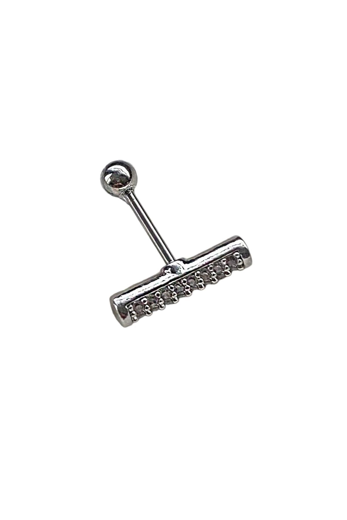 Gümüş Renk Taş Detaylı Cerrahi Çelik Tragus/Kıkırdak Küpe/Piercing (Tek)