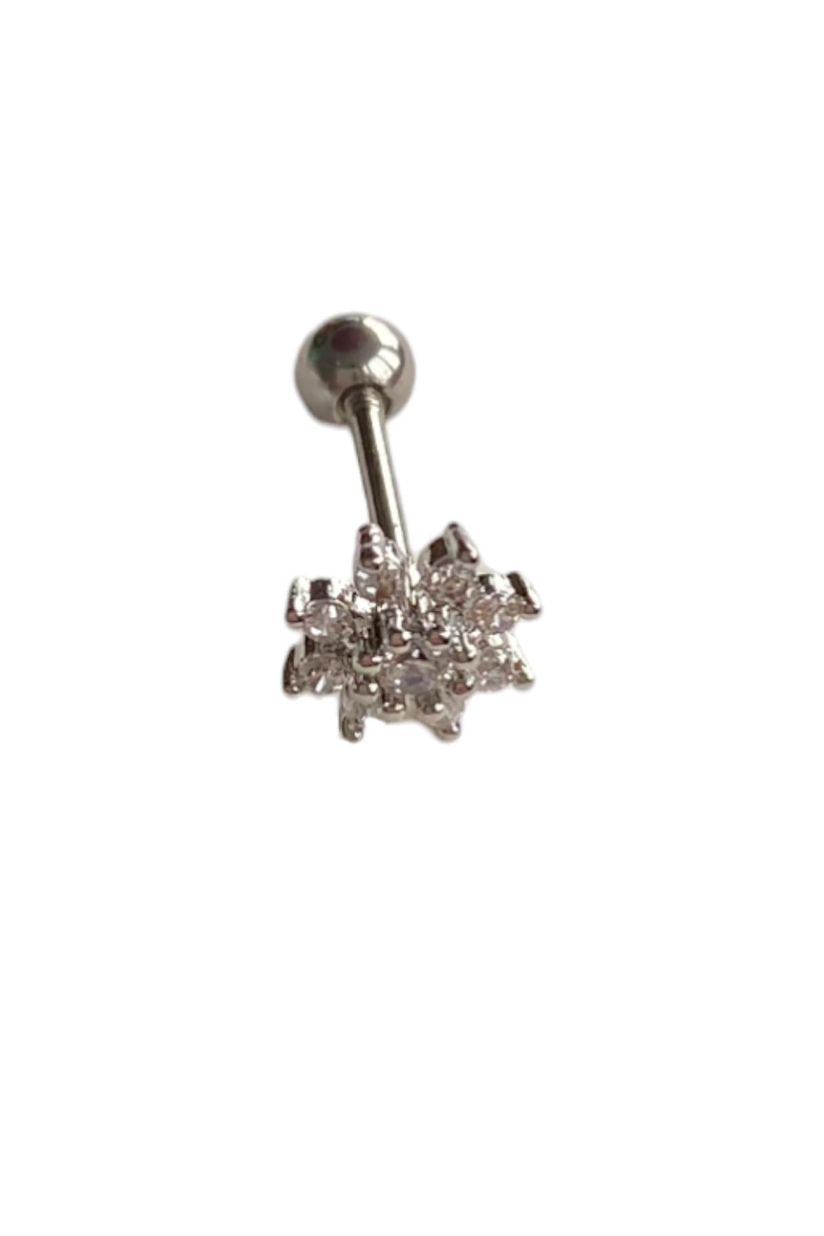 Gümüş Renk Taş Detaylı Cerrahi Çelik Tragus/Kıkırdak Küpe/Piercing (Tek)