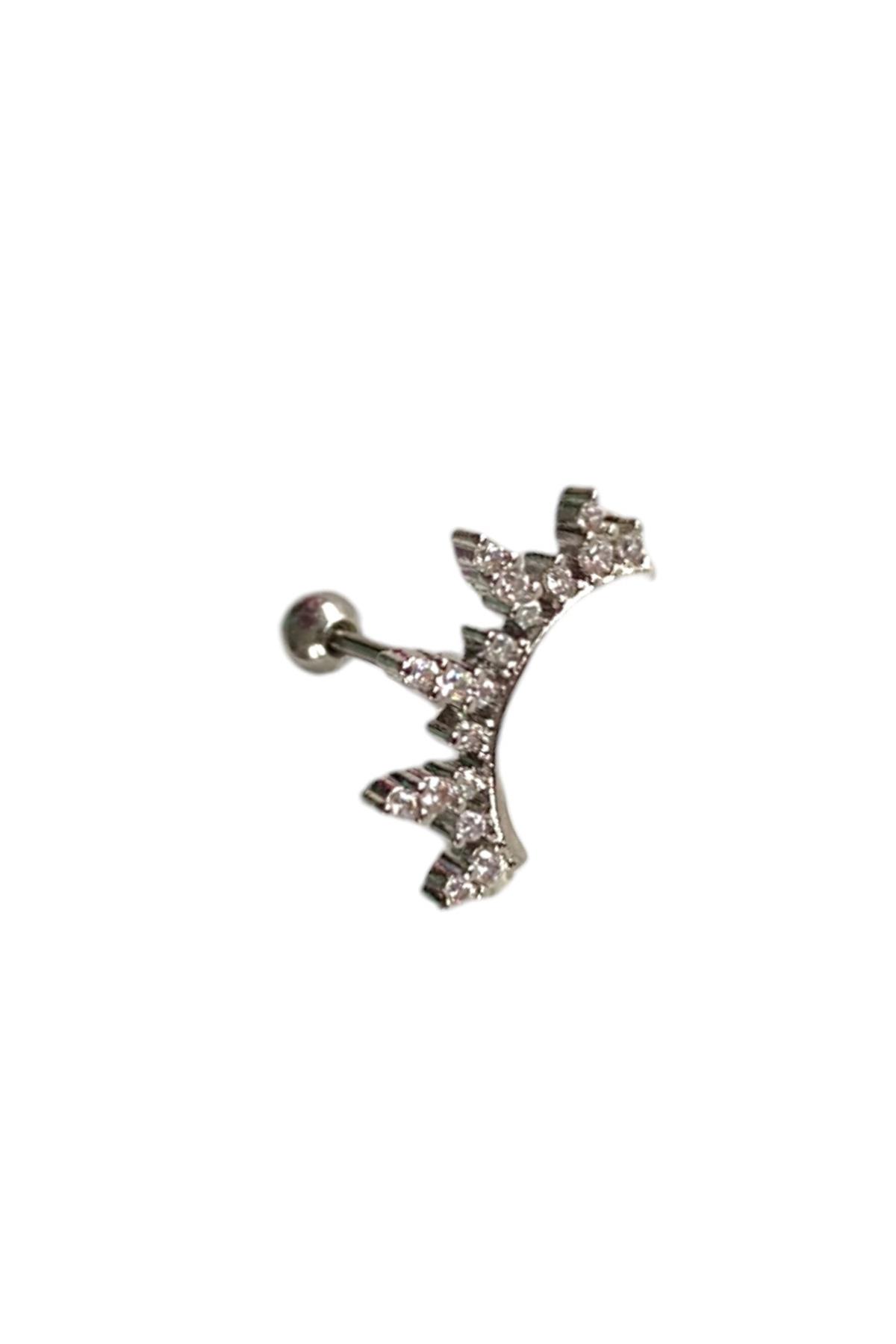 Gümüş Renk Taş Detaylı Cerrahi Çelik Tragus/Kıkırdak Küpe/Piercing (Tek)
