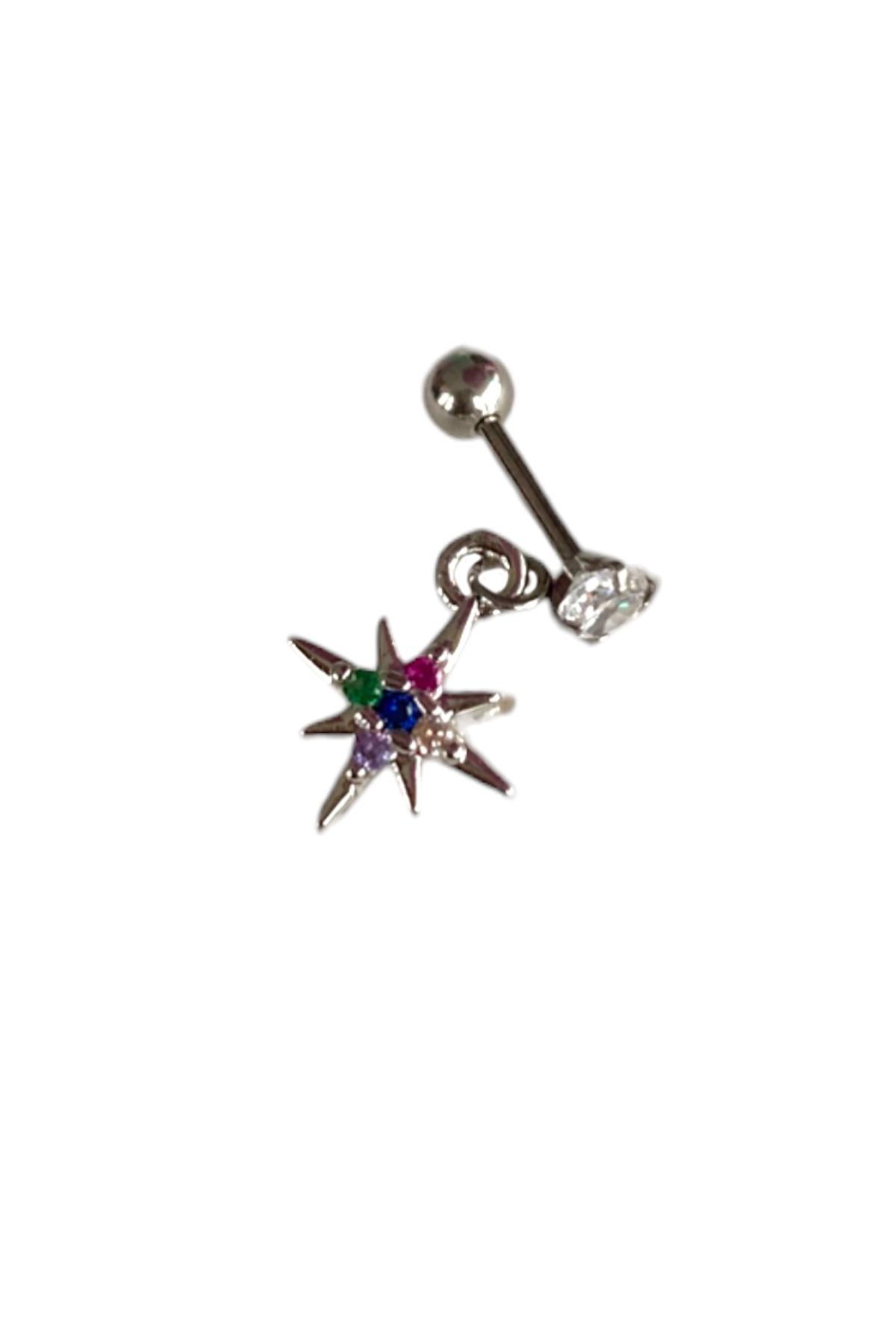 Gümüş Renk Taş Detaylı Cerrahi Çelik Tragus/Kıkırdak Küpe/Piercing (Tek