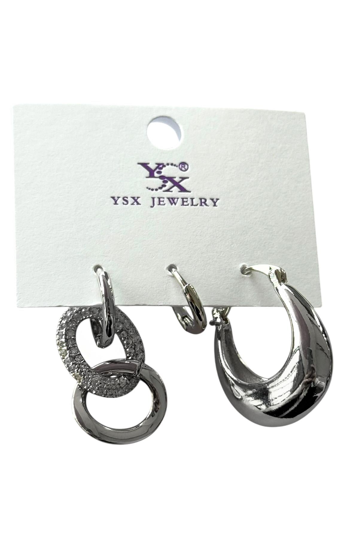 Gümüş Renk Taş Detaylı VİP 3'lü Halka YSX Küpe Set