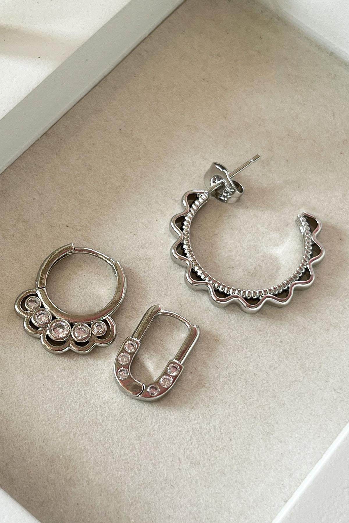 Gümüş Renk Taş Detaylı VİP 3'lü YSX Halka Küpe Set