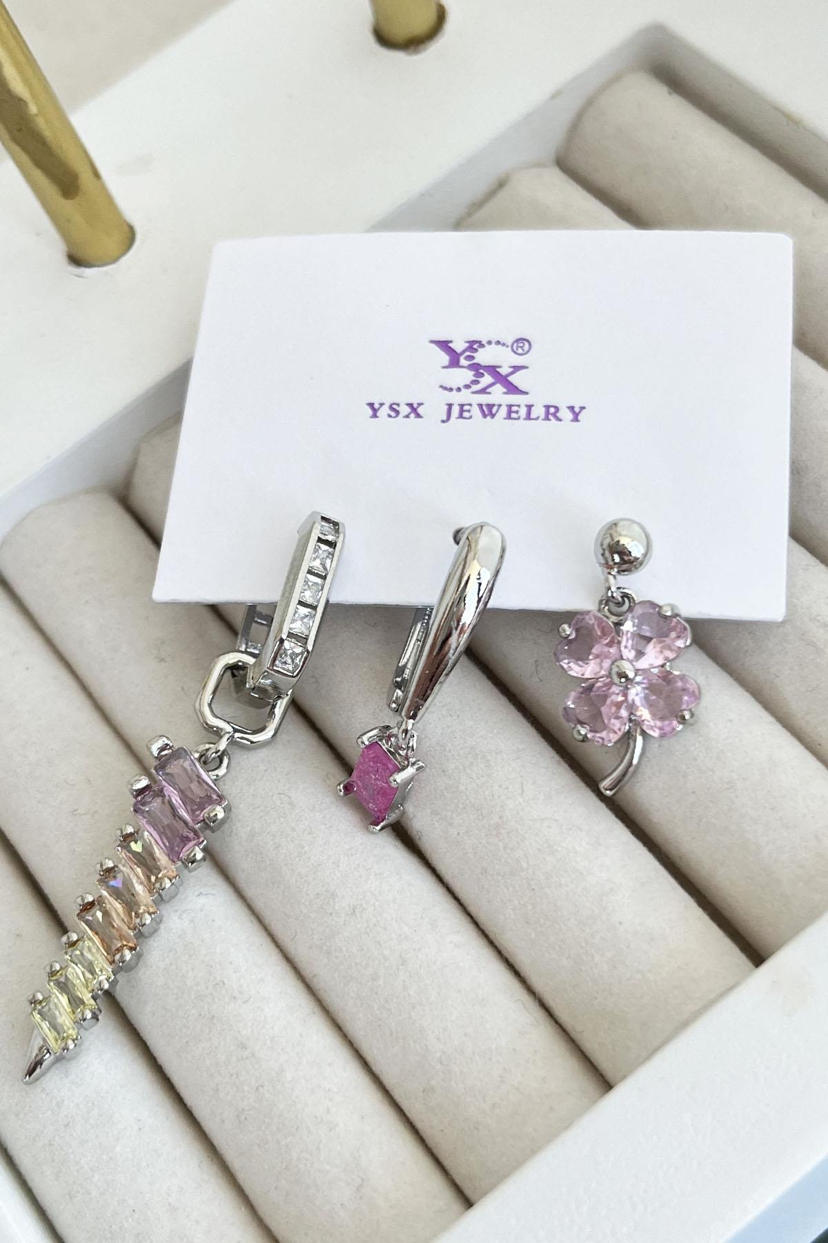 Gümüş Renk Taş Detaylı VİP 3'lü YSX Küpe Set