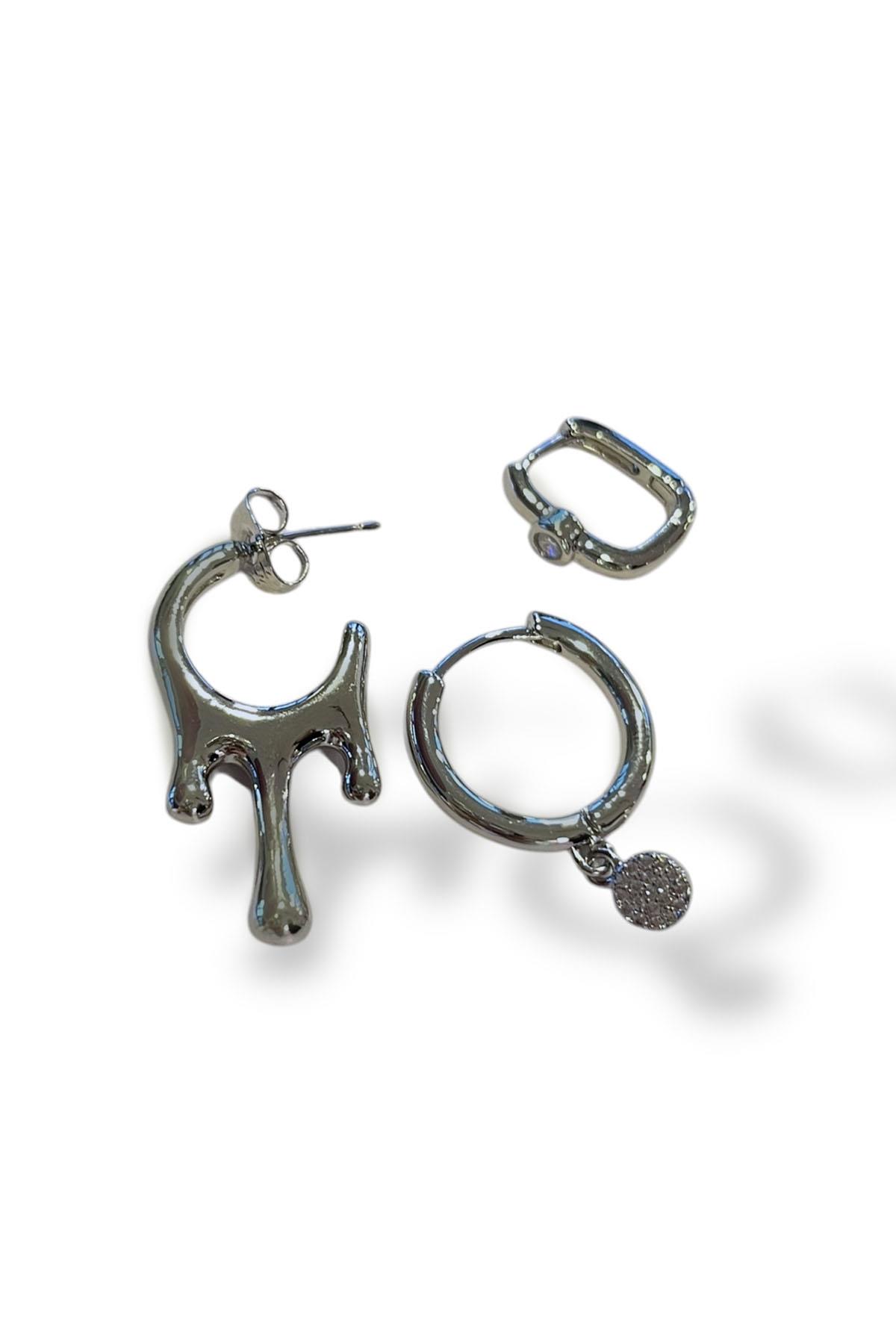 Gümüş Renk Taş Detaylı VİP 3'lü YSX Küpe Set