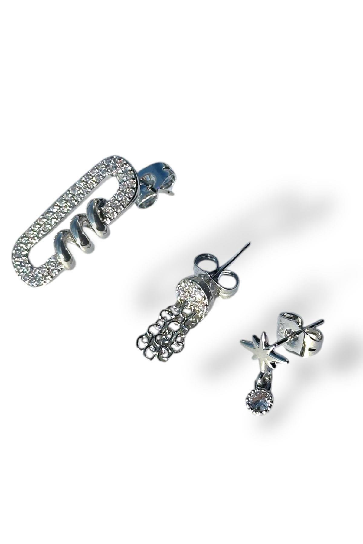 Gümüş Renk Taş Detaylı VİP 3'lü YSX Küpe Set