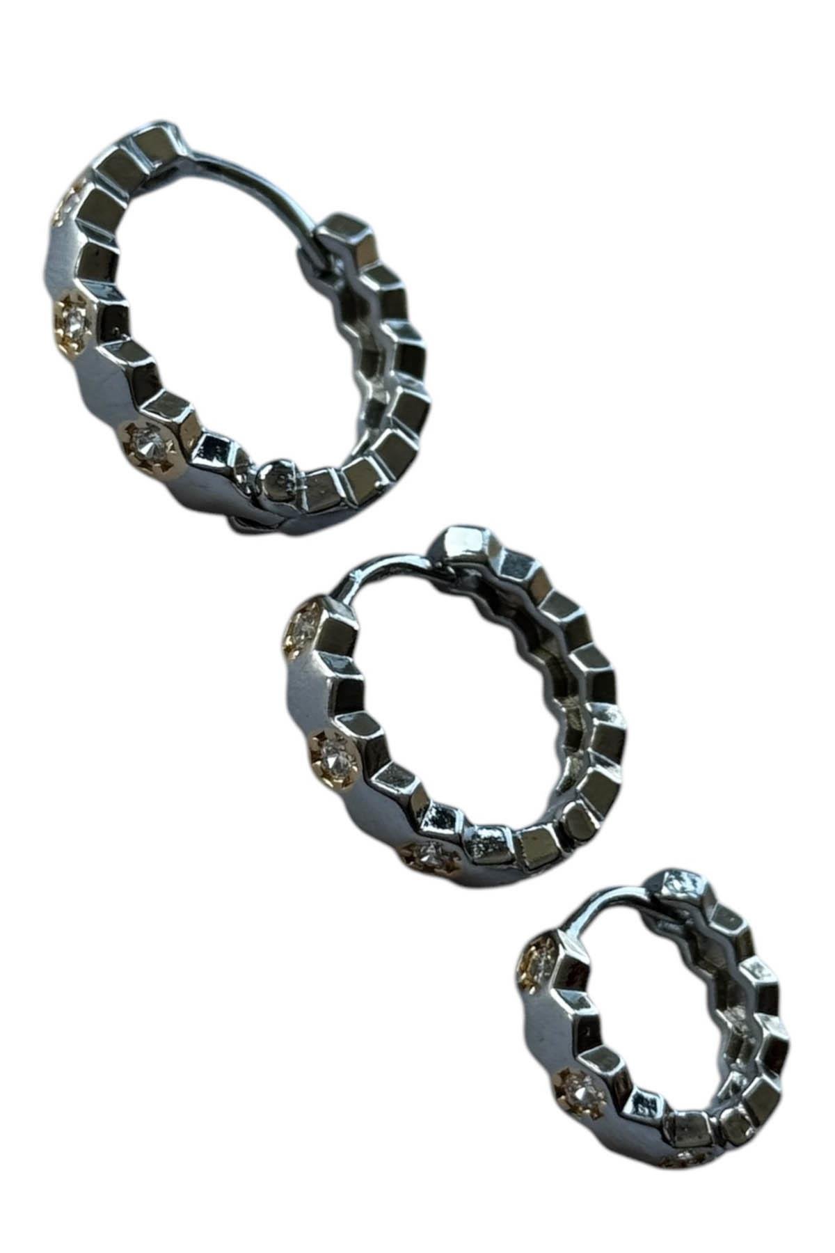 Gümüş Renk Taş Detaylı VİP 3'lü YSX Küpe Set